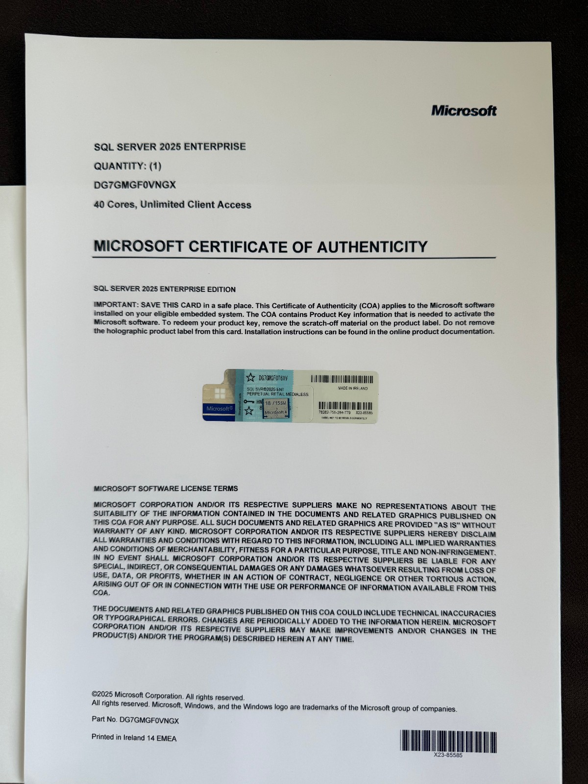 Microsoft SQL Server 2025 ENTERPRISE 40 Core Unlimited User CALs CoA GENUINE.