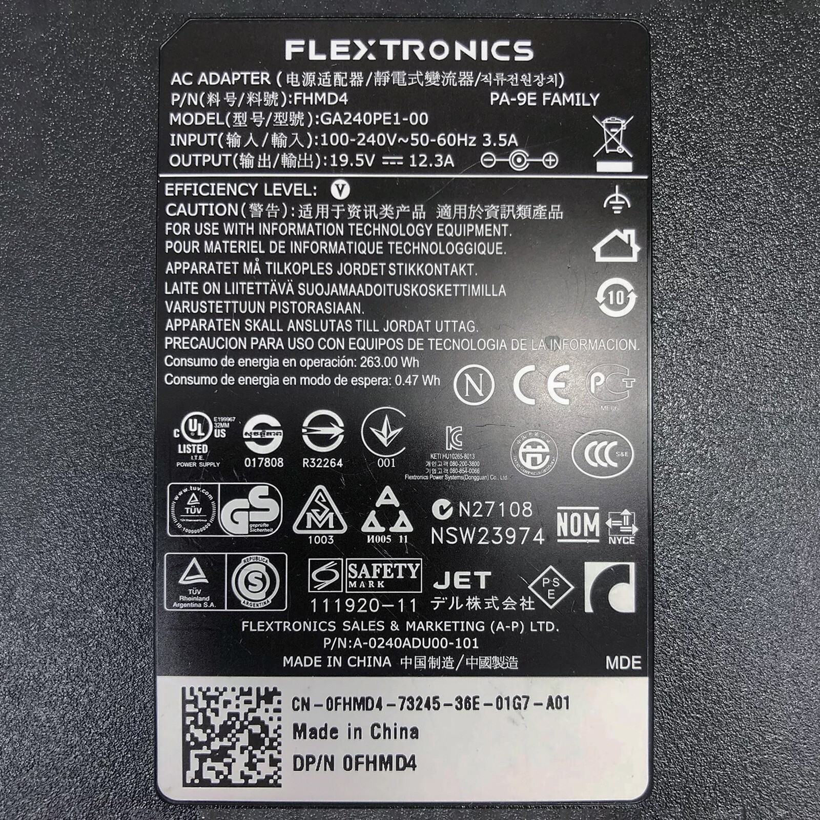 OEM Flextronics AC Adapter 240W for Dell Alienware 15 17 M15x M17x R2 R3 R4 Cord