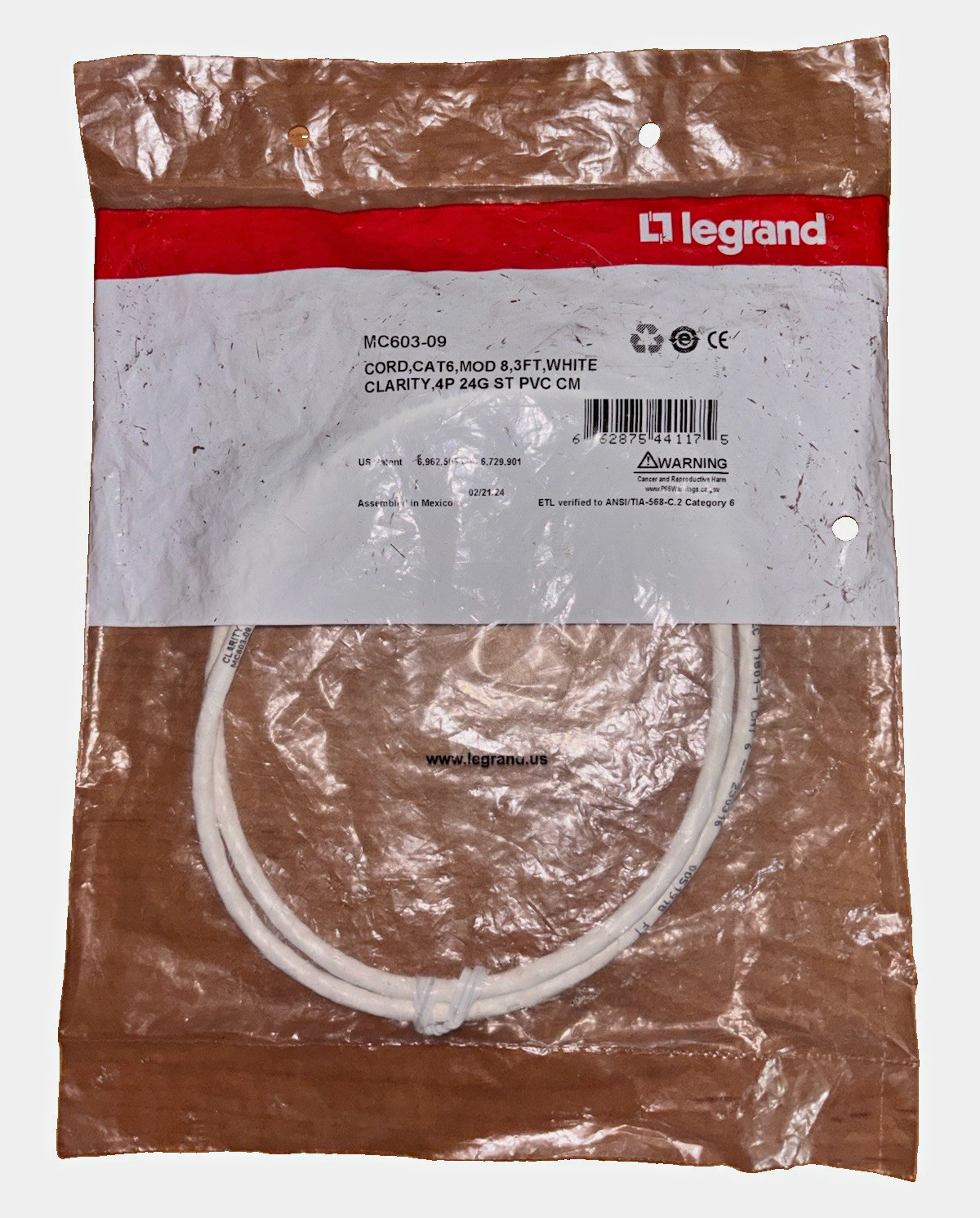 Legrand MC603-09 Cat6 RJ-45 Ethernet Patch Cable, 3 ft White Round