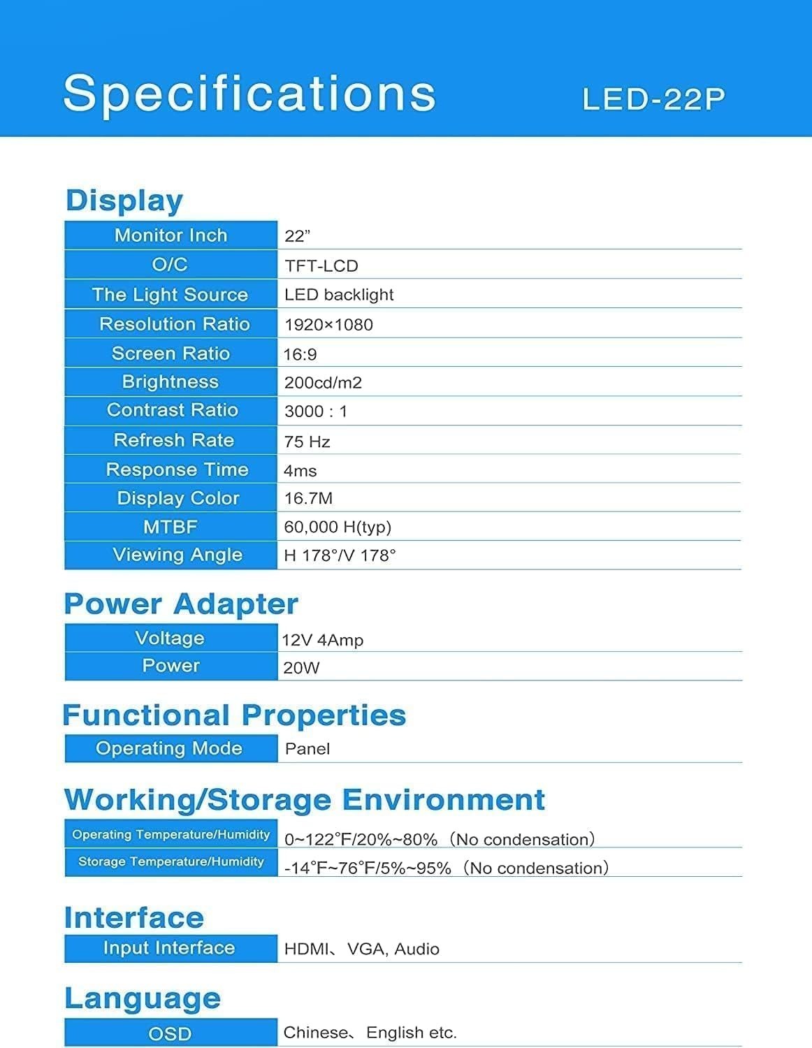 22 Inch 1080P Monitor Screen Thin LED PC Monitor w/HDMI & VGA Built-in Speaker