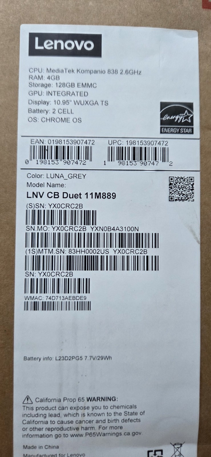 Lenovo Chromebook Duet (Modelo: LNV CB Duet 11M889) en color Luna Grey:
