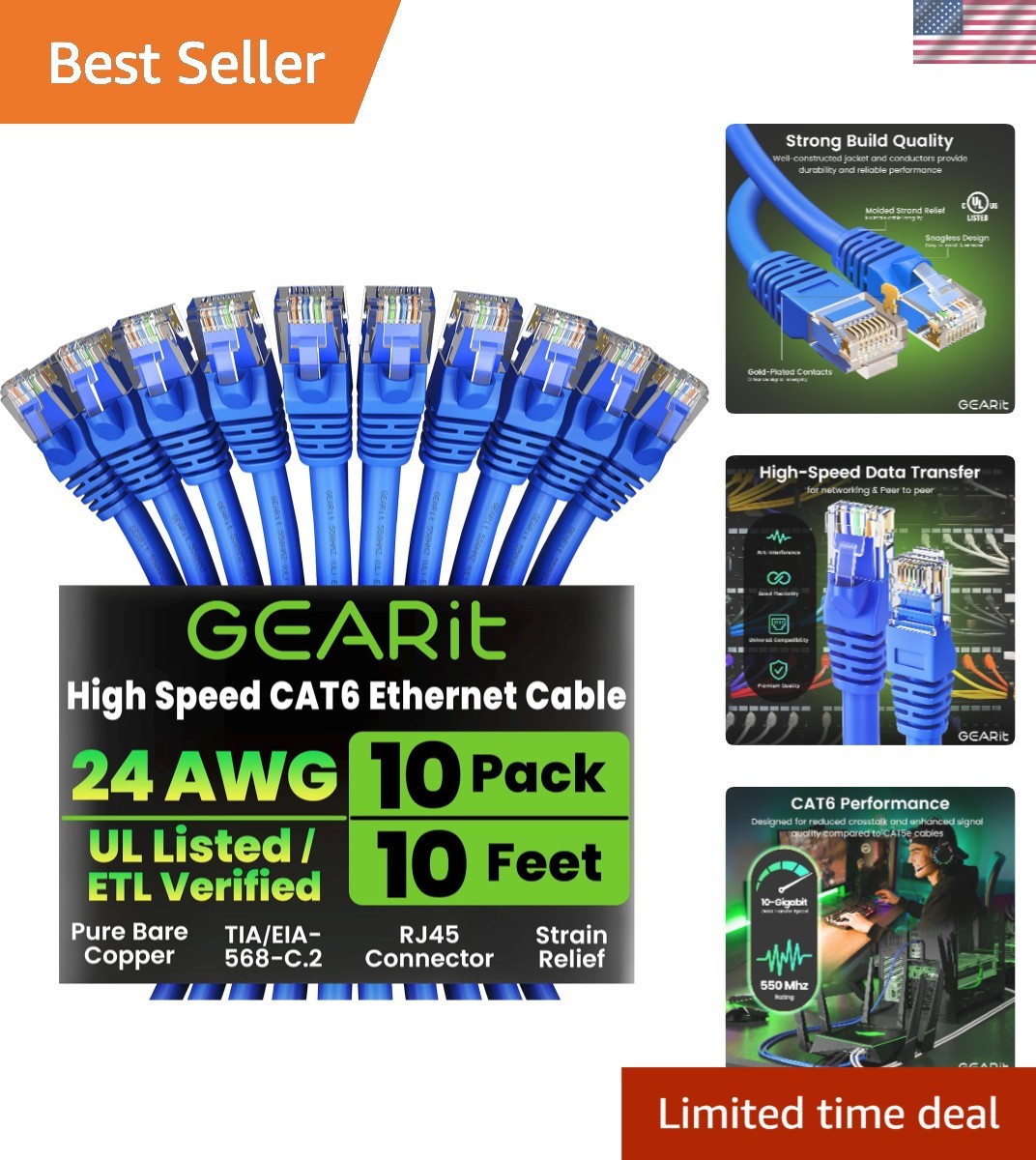 High-Speed 10-Pack Cat 6 Ethernet Cables – 10 ft Snagless Gold-Plated Connectors