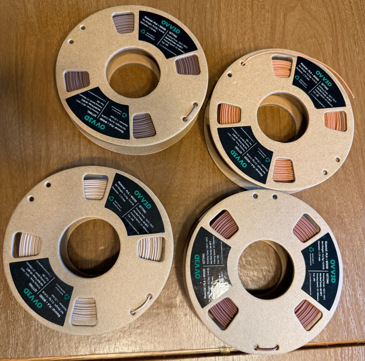 OVV3D PLA Wood Filament Lot of 4 1.75mm 200g Oak Walnut Cherry Teak Samples