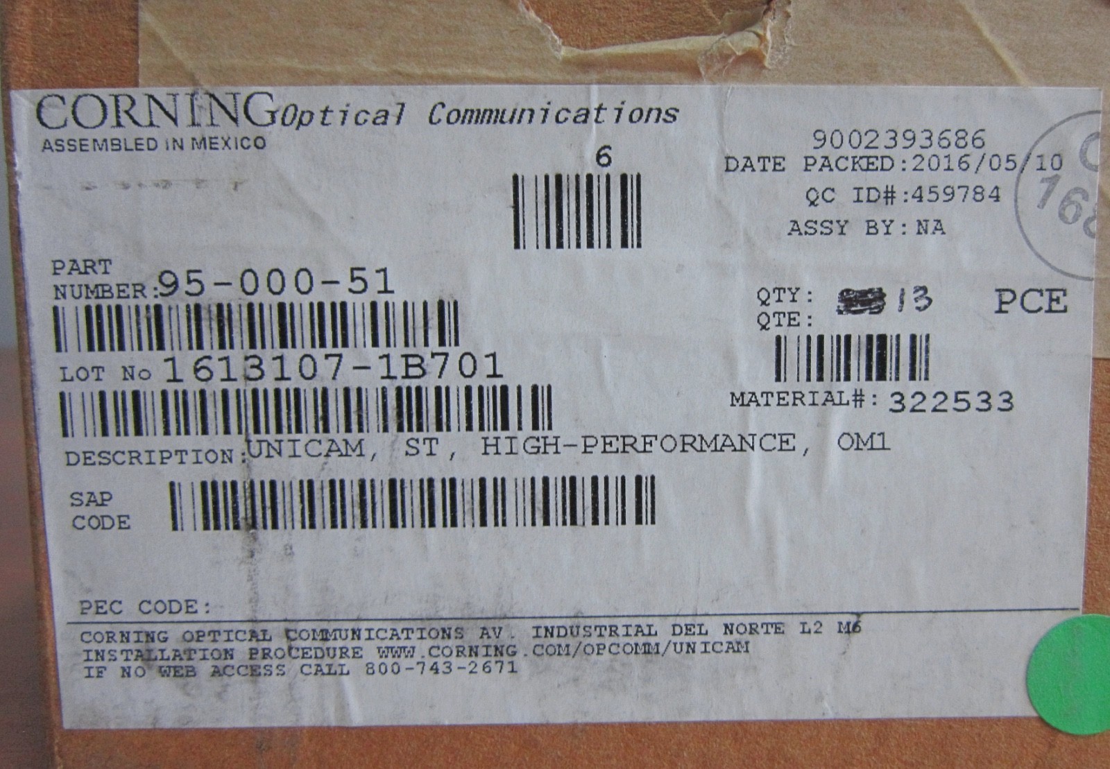 LOT of 13 – Corning 95-000-51 UniCam OM1 Fiber Optic Connector NEW