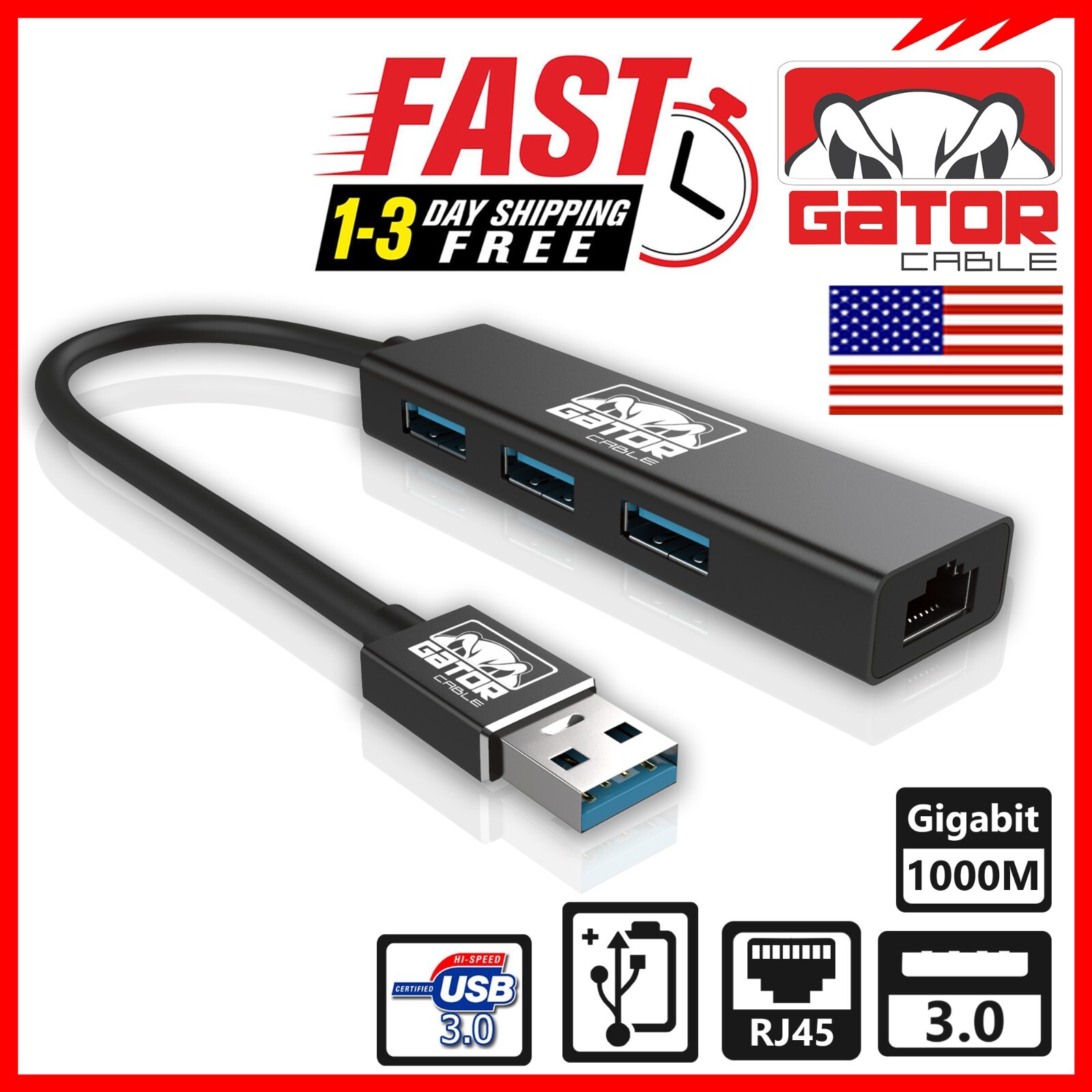 USB 3.0 Gigabit Ethernet LAN RJ45 1000Mbps Network Adapter 3-USB Port HUB PC Mac