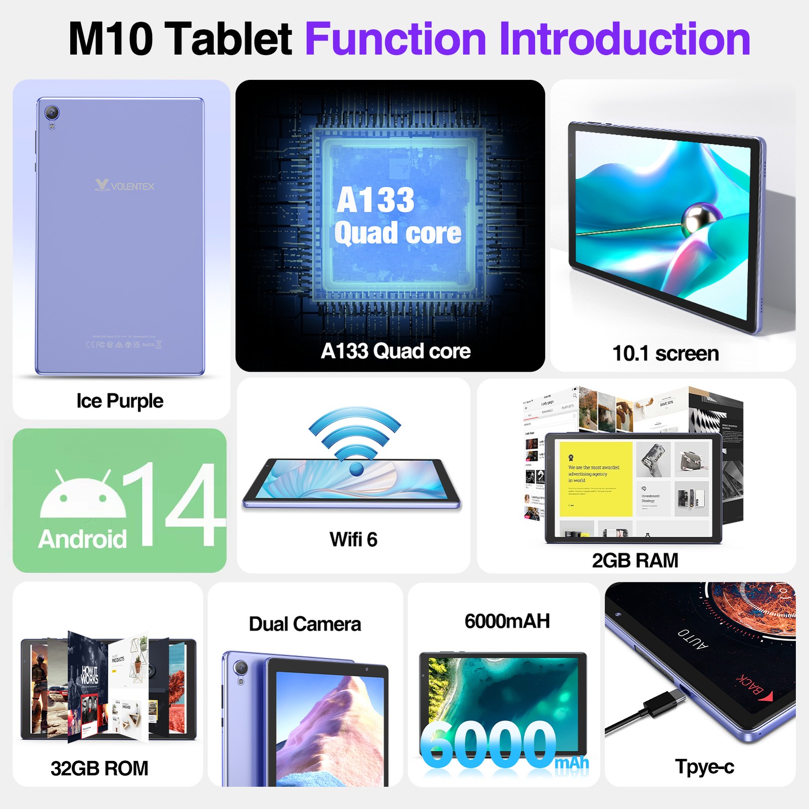 10 Inch Android 14 Tablet PC PAD 32GB ROM Quad-Core WIFI 6000mAh Dual Camera NEW