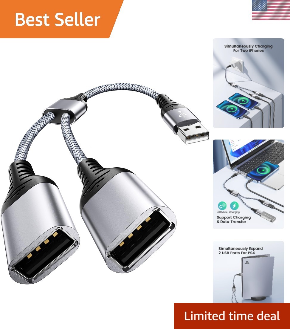 Plug and Play USB 2.0 Y Splitter for Dual Charging – Ideal for Home or Travel