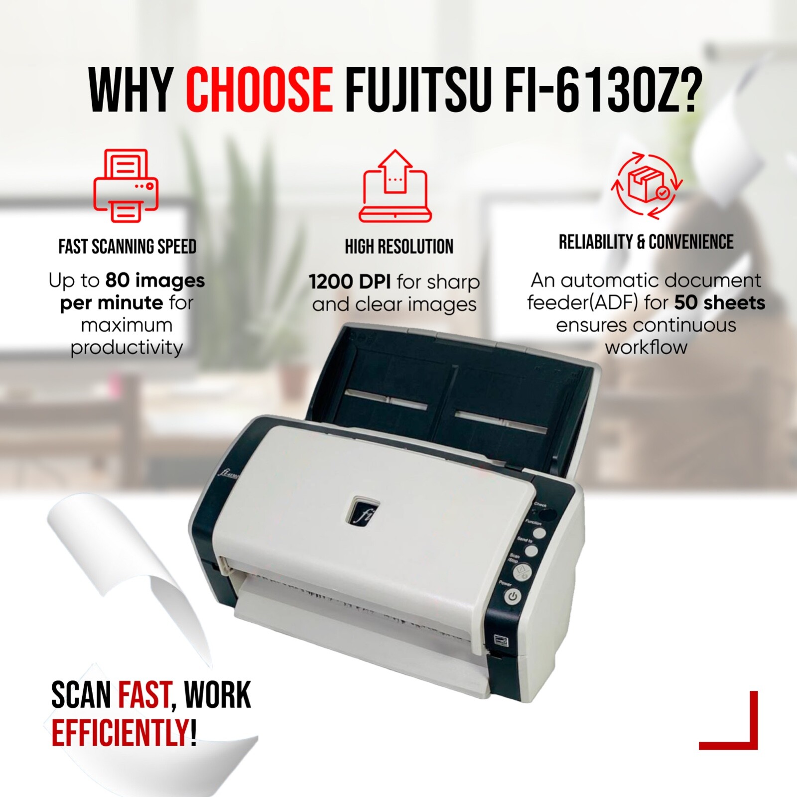 Fujitsu FI-6130Z Duplex Document Color Scanner w/Adapter & USB Cord FULLY TESTED