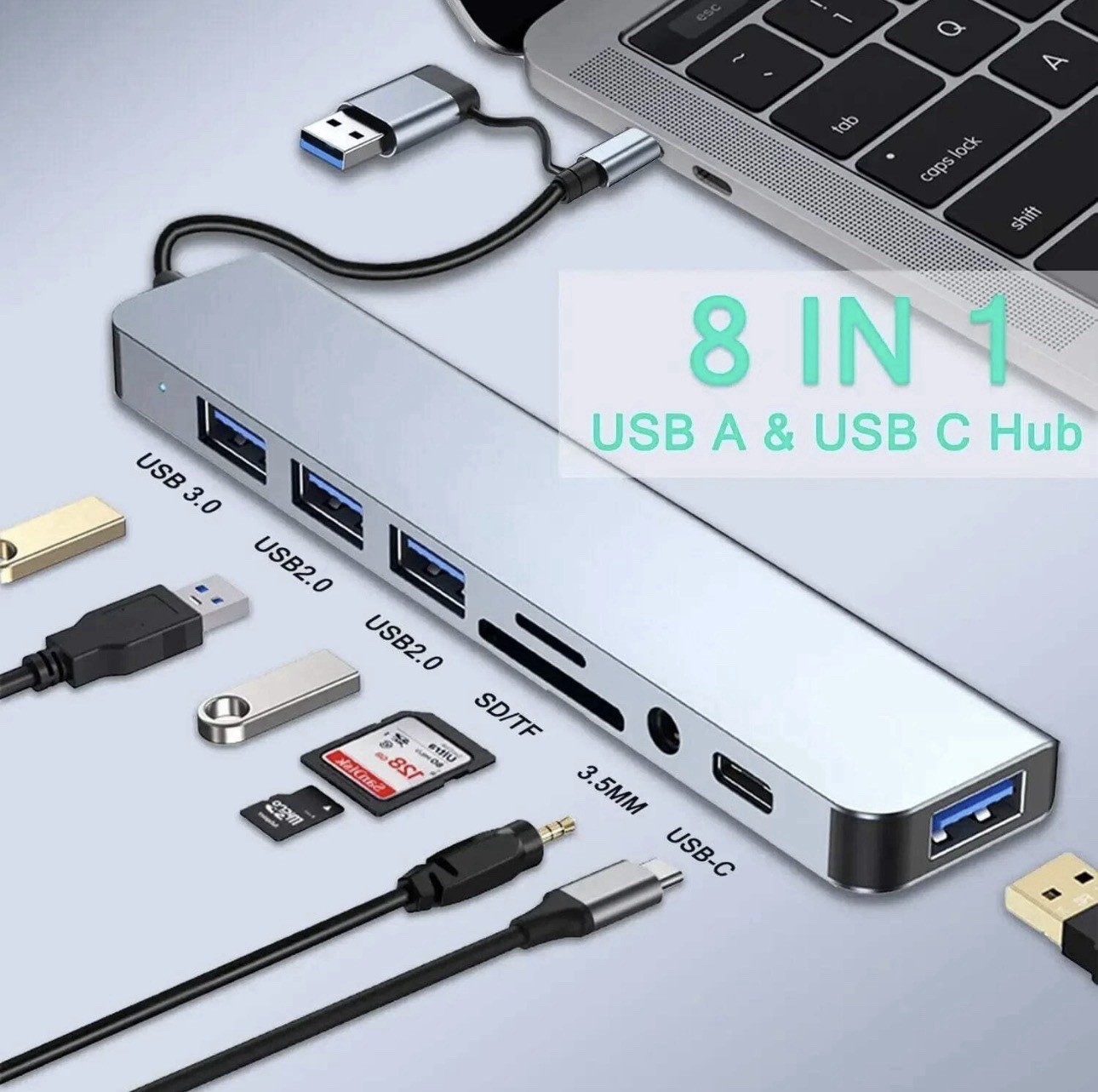 8 In 2 USB HUB With Splitter Card Reader, USB C Port, USB 3.0 / 2.0, SD/TF Split
