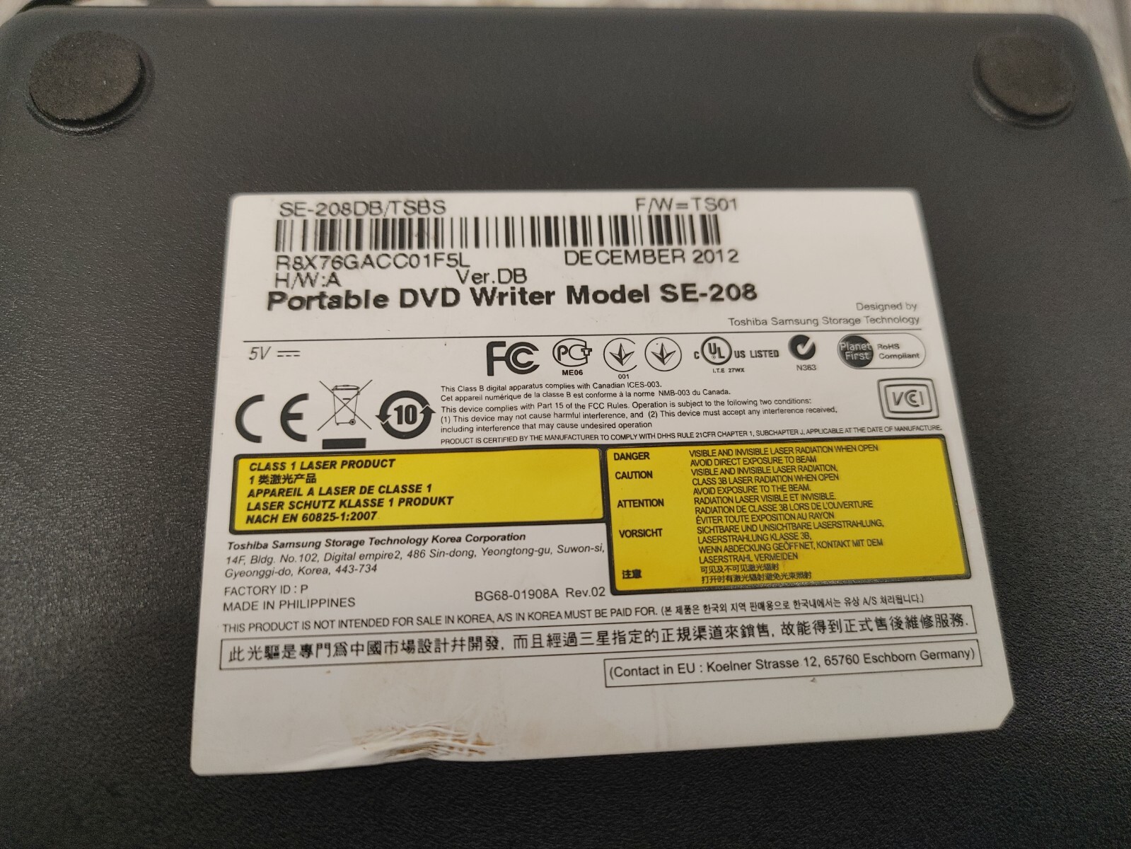 Samsung USB Ultra Slim Portable External DVD Writer Black Model SE-208
