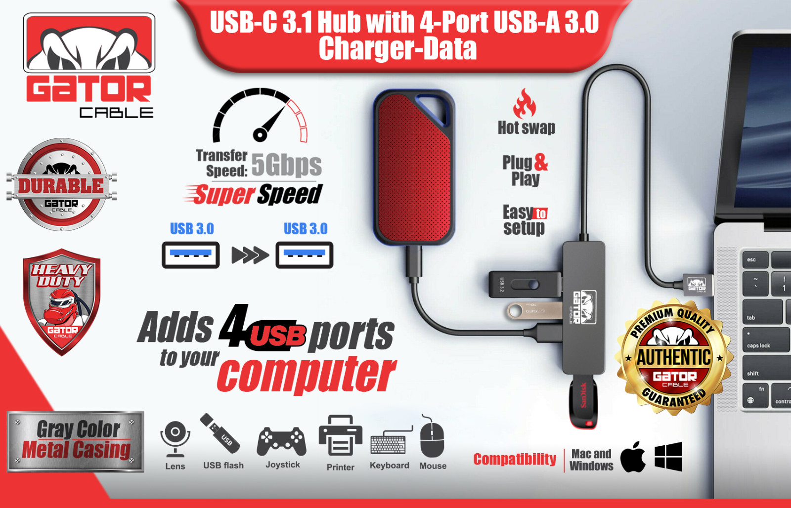 USB 3.0 Hub 4-Port Adapter Expansion Charger Data Sync For PC Mac Laptop Desktop
