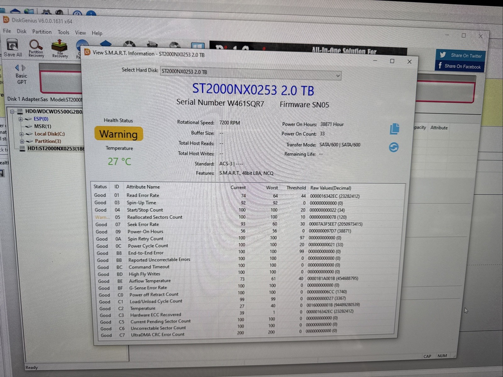 X3 EXOS Enterprise 7E2000 2TB 2.5″ SATA Hard Drive ST2000NX025 92%-27%-9% Health