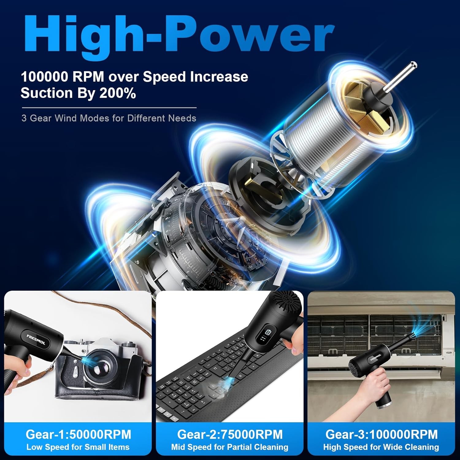 Compressed Air Duster-3 Gear Adjustable 100000RPM Electric Air Duster with LED L