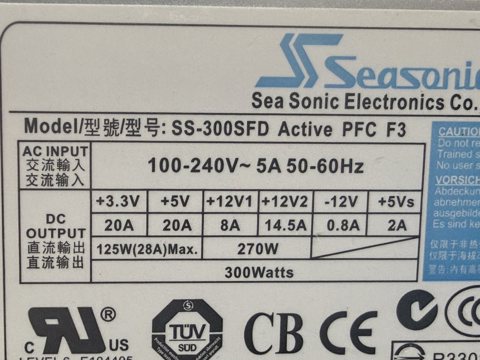 Sea Sonic 300W 20+4 Pin Desktop Power Supply SS-300SFD Active PFC F3