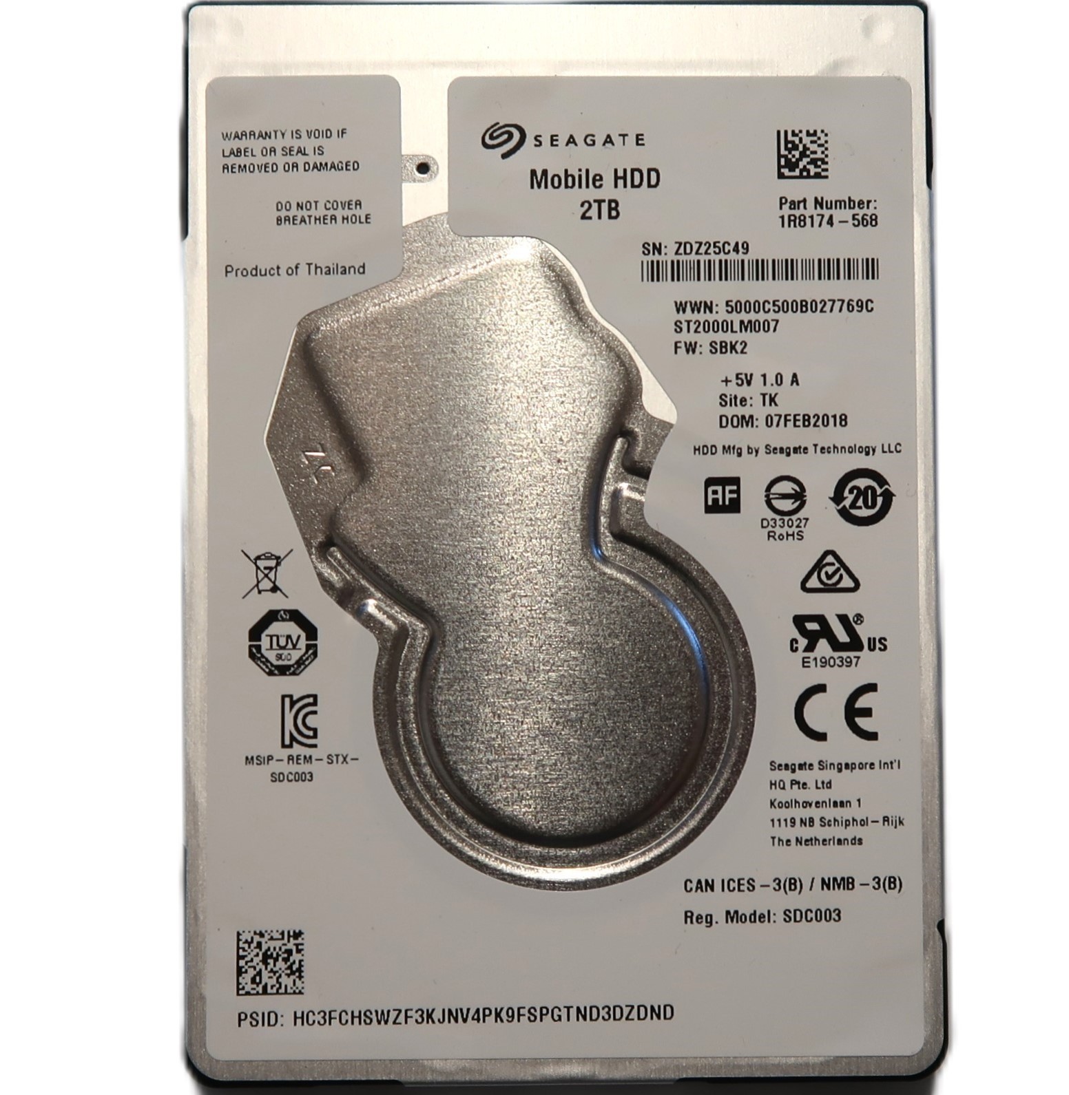 Seagate ST2000LM007 PN: 1R8174-568 SBK2 (ZDZ) TK Thailand 2.5″ 2TB Sata FEB/2018