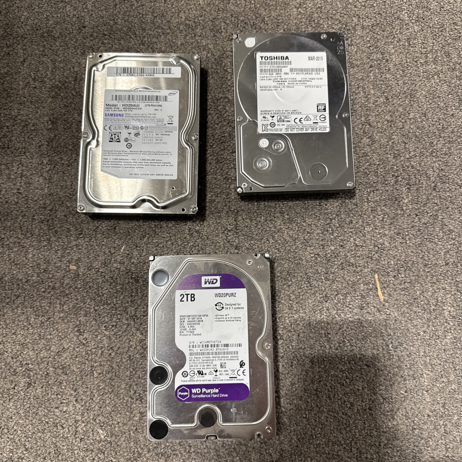 Lot Of (3) WD PURPLE Toshiba Samsung 3TB Desktop HDD SATA 3.5” Hard Drives