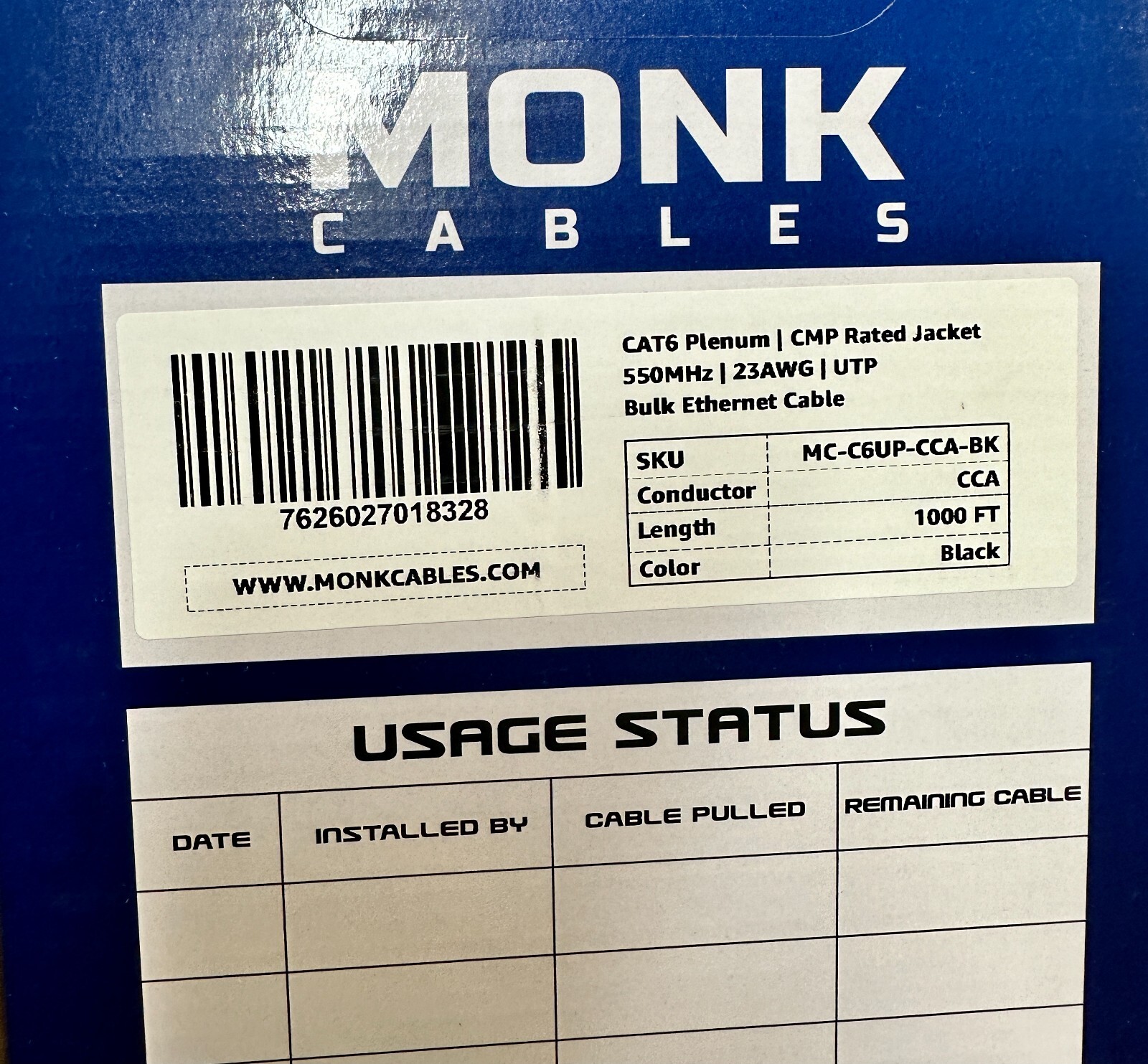 Monk Cables CAT6 Plenum 1000Ft Black 23AWG Bulk Ethernet Cable