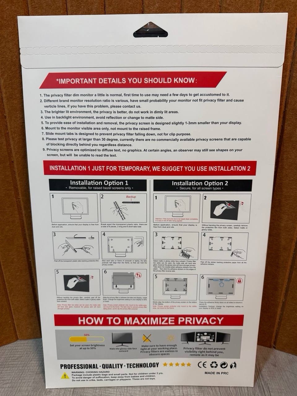 24in Privacy Screen Filter 16:9 Monitor Anti-Spy Anti-Glare 532x299mm