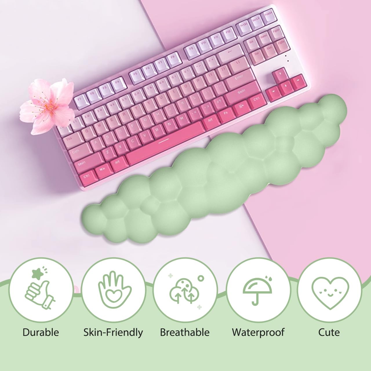 JIKIOU Upgrade Leather Cloud Keyboard Wrist 16.9×4.3×0.82 in, 06pastel Green