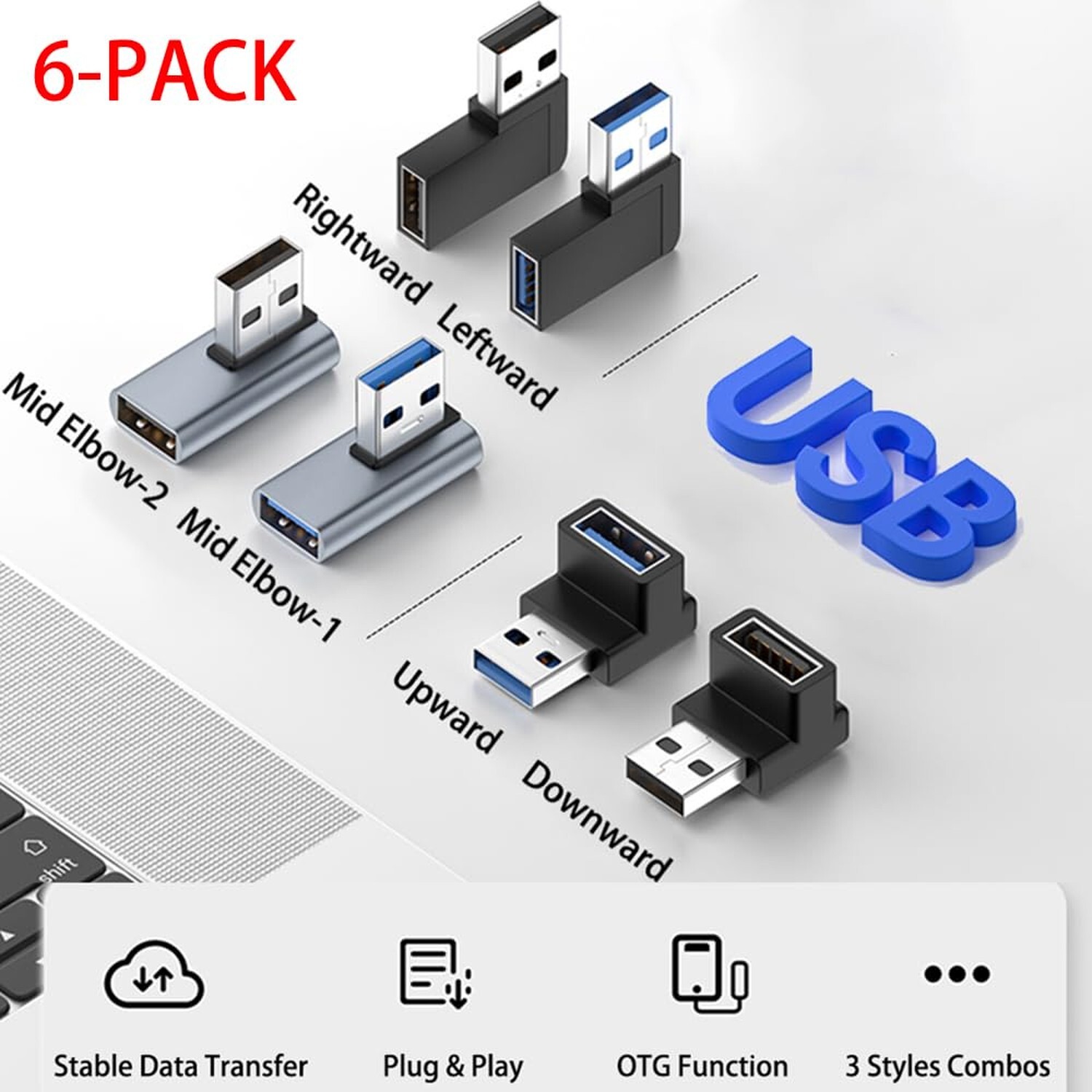 6 Pack 10Gbps USB 3.1 Male to Female Adapter Up Down Left Right 90 Degree Rig…