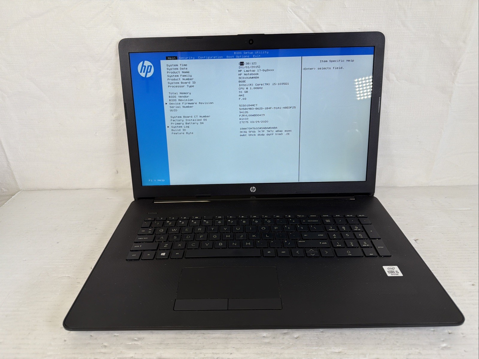 HP Laptop 17-by3613dx, Intel Core i5-1035G1 @ 1GHz, 31GB RAM NO SSD/OS -Good Bat
