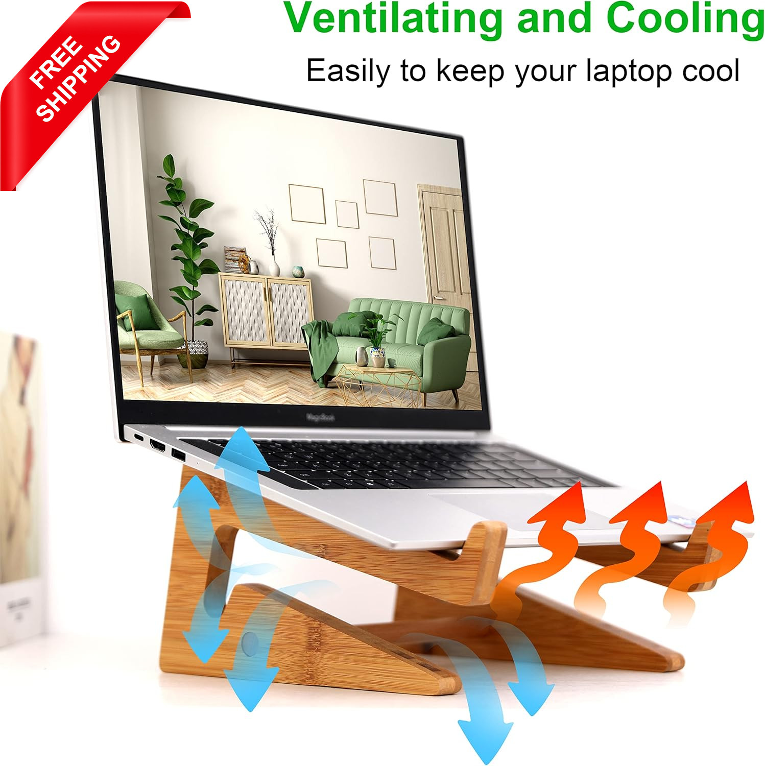 Wooden Vertical Laptop Stand for Desk, Bamboo Laptop Holder Compatible with Macb
