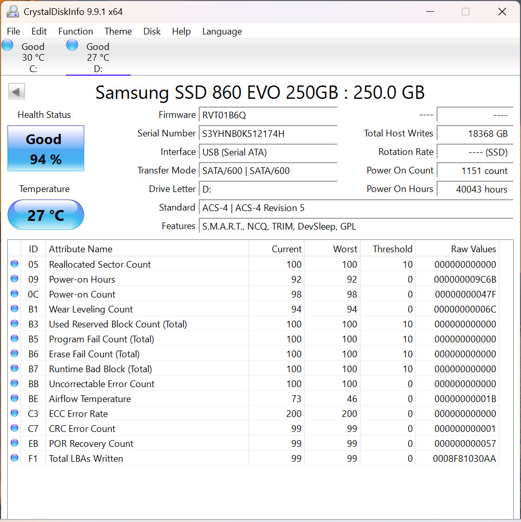 SAMSUNG 860 EVO 250GB MZ-76E250 CrystalDiskInfo 94% Health