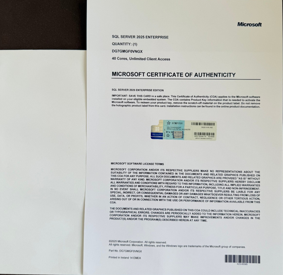 Microsoft SQL Server 2025 ENTERPRISE 40 Core Unlimited User CALs CoA GENUINE.