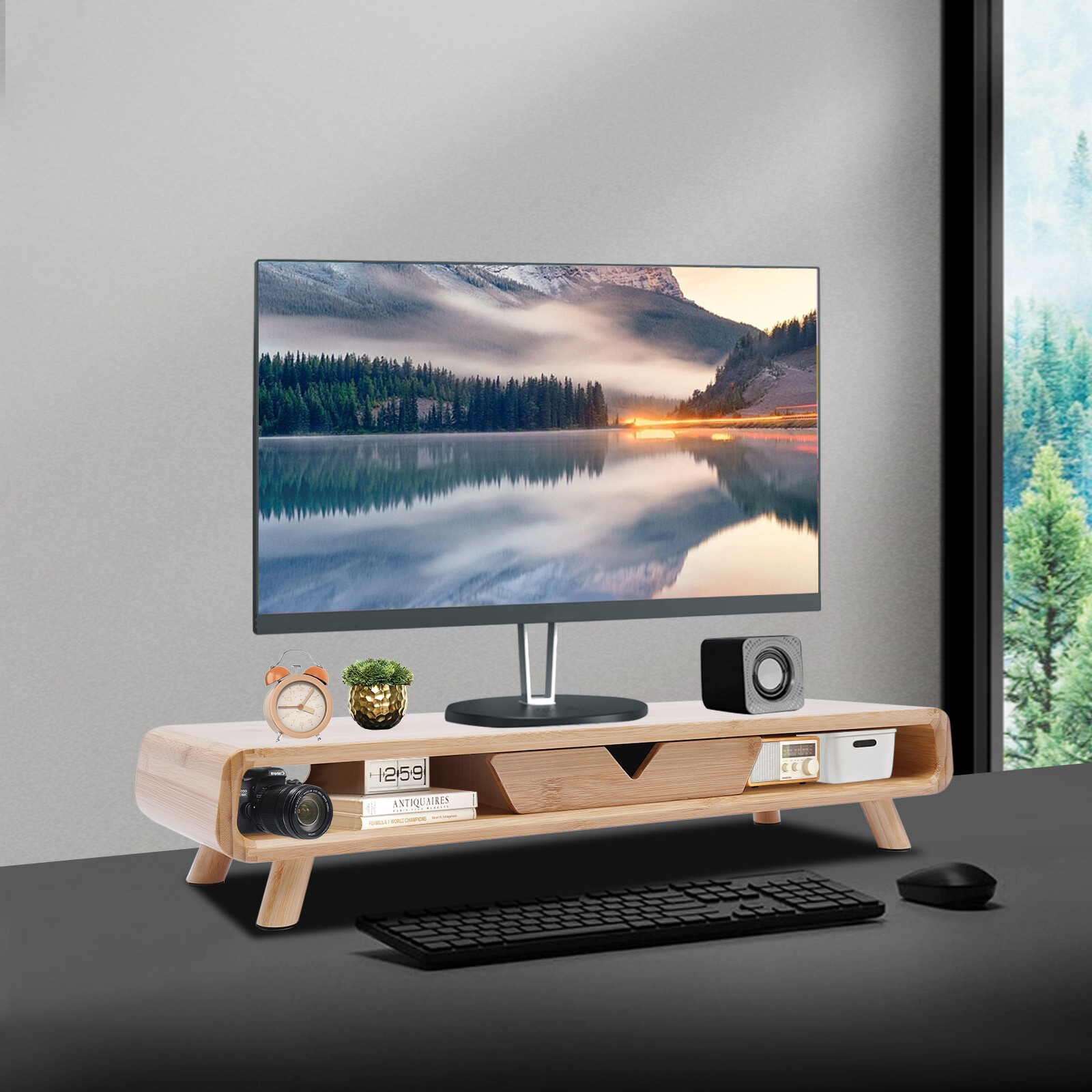 Bamboo Monitor Stand With Drawer & Back Baffle 4.5in Height Riser