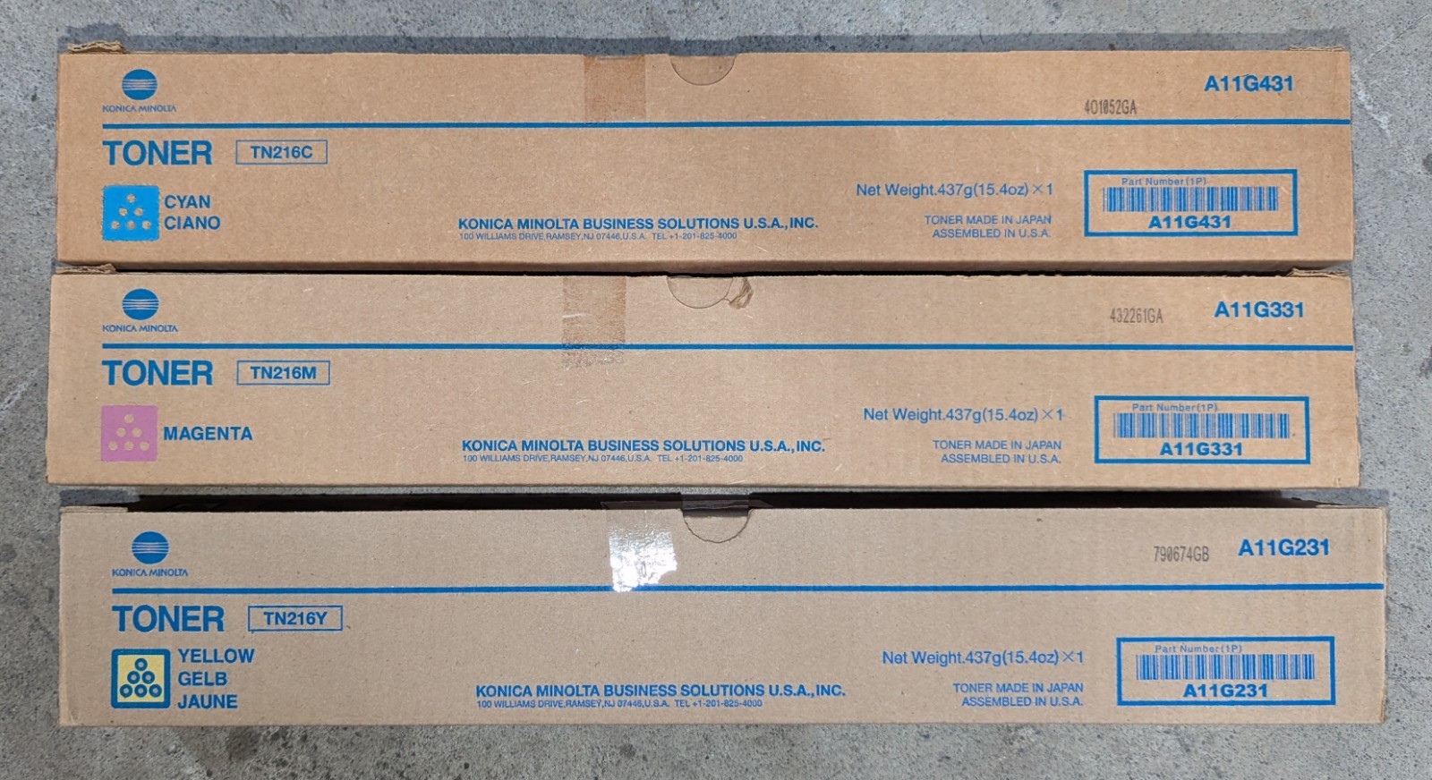 Genuine Set of 3 Konica Minolta TN216C/M/Y A11G431/331/231 CMY Toner Cartridges