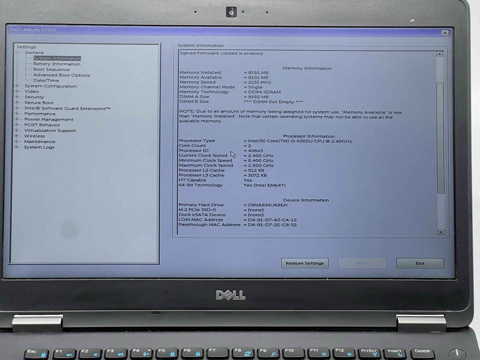 Dell Latitude E7470, i5-6300U CPU, @ 2.40GHz, 8GB RAM-No HDD/OS/Charger
