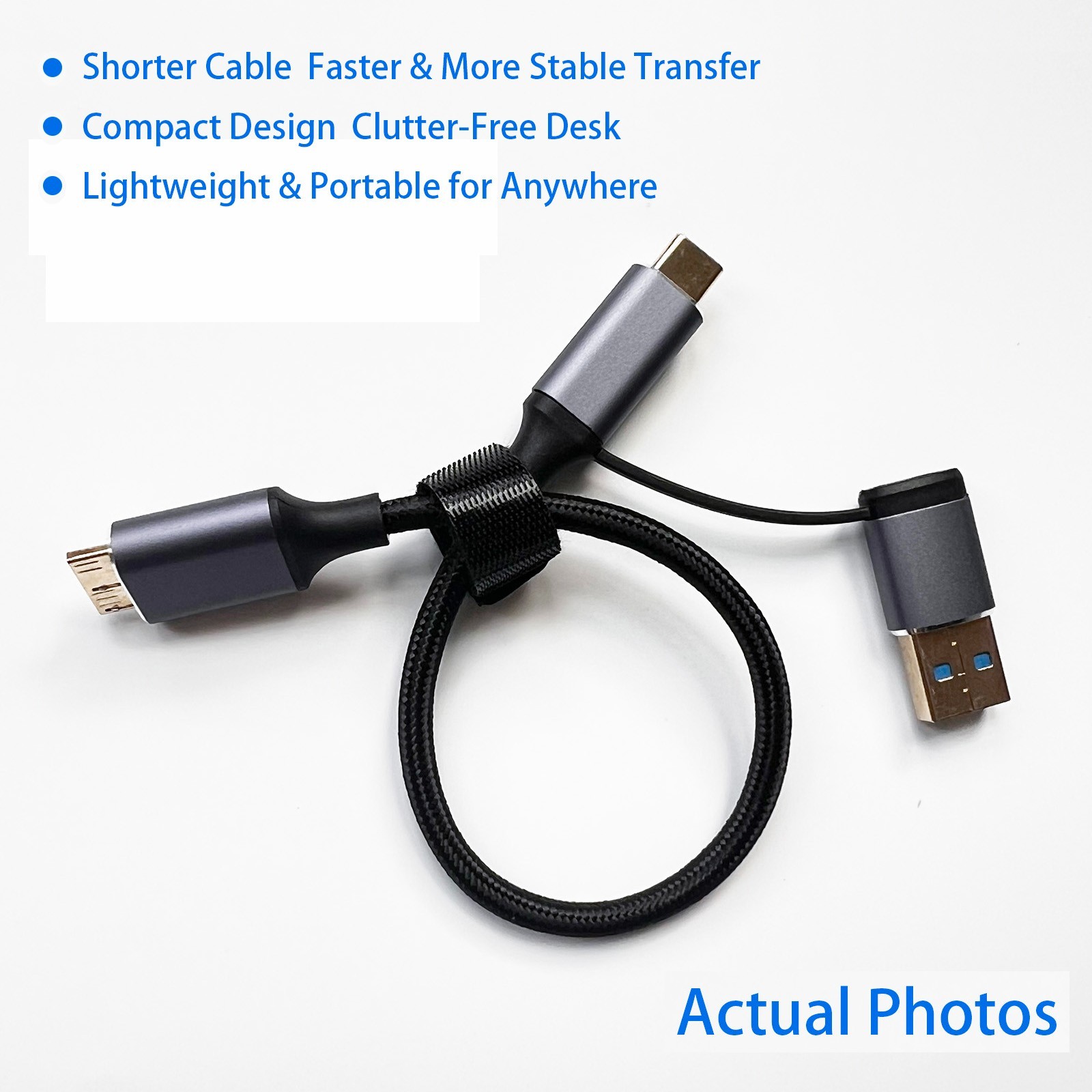 2-in-1 USB 3.0 to Micro B Cable for HDD SSD, USB C & A, Fast & Stable