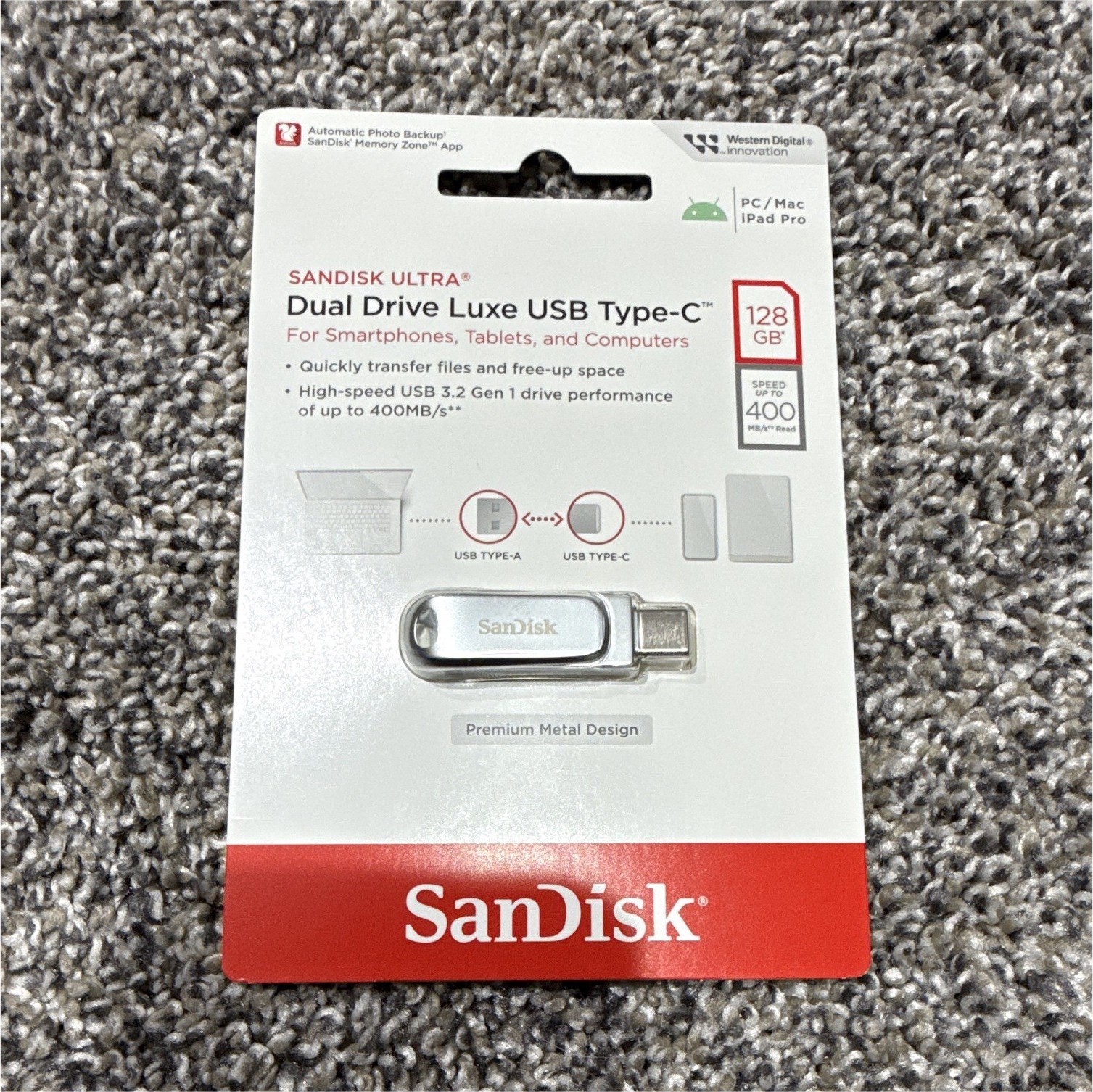 SanDisk Ultra Dual Drive Luxe 128GB USB-C/USB-A Flash Drive 400MB/s Silver
