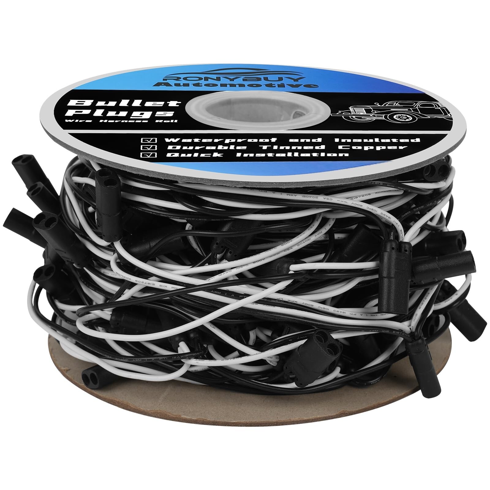 50 Count 2-Prong Double Female Bullet Plug Wire Harness Roll, 2 Prong Continu…