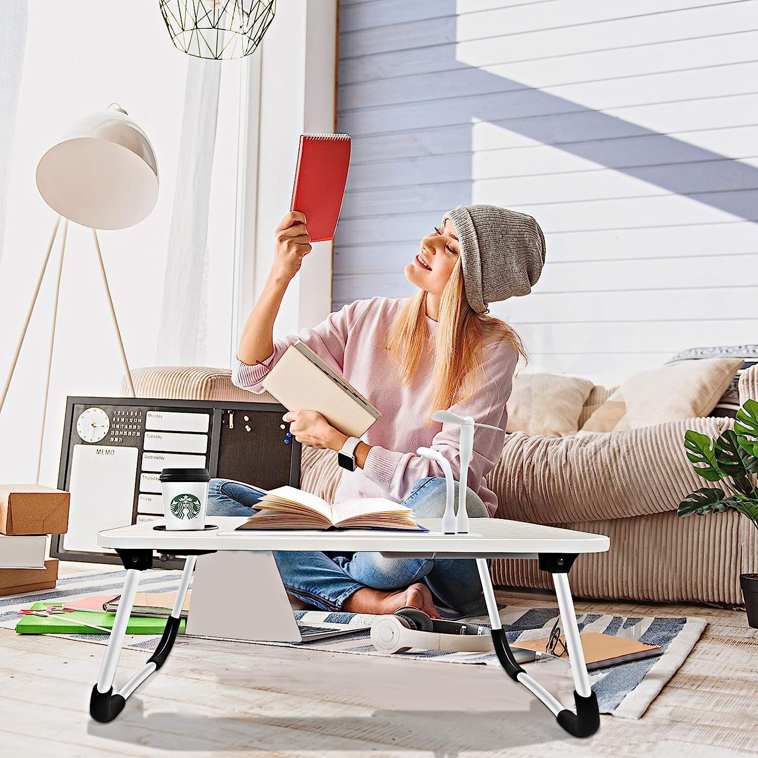 Laptop Bed Desk, Foldable Laptop Lap Desk Tray Table with USB Charge Port, White