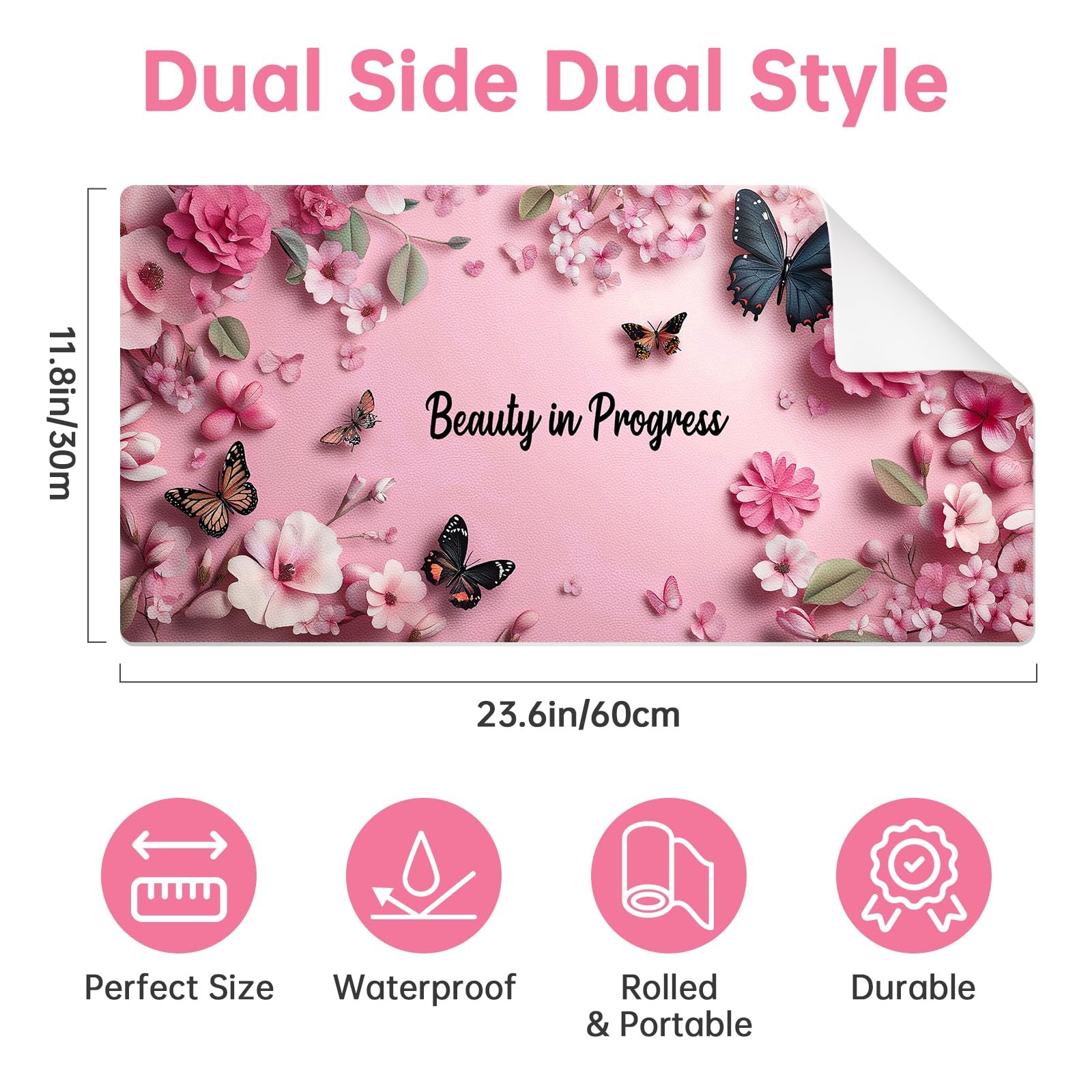 Dual-Sided Waterproof Synthetic Leather Makeup Mat for Desk, Makeup Butterfly