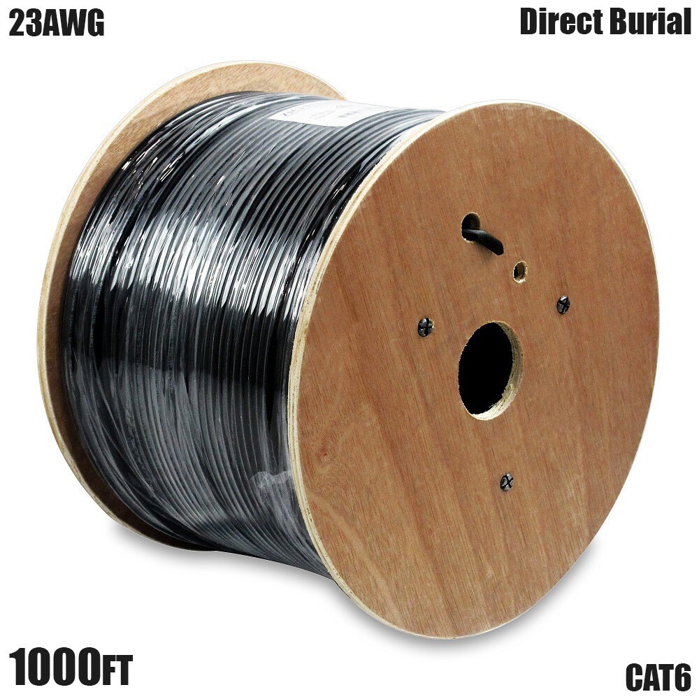 1000FT Cat6 Outdoor Direct Burial Network Ethernet Bulk UTP Cable 23AWG Black