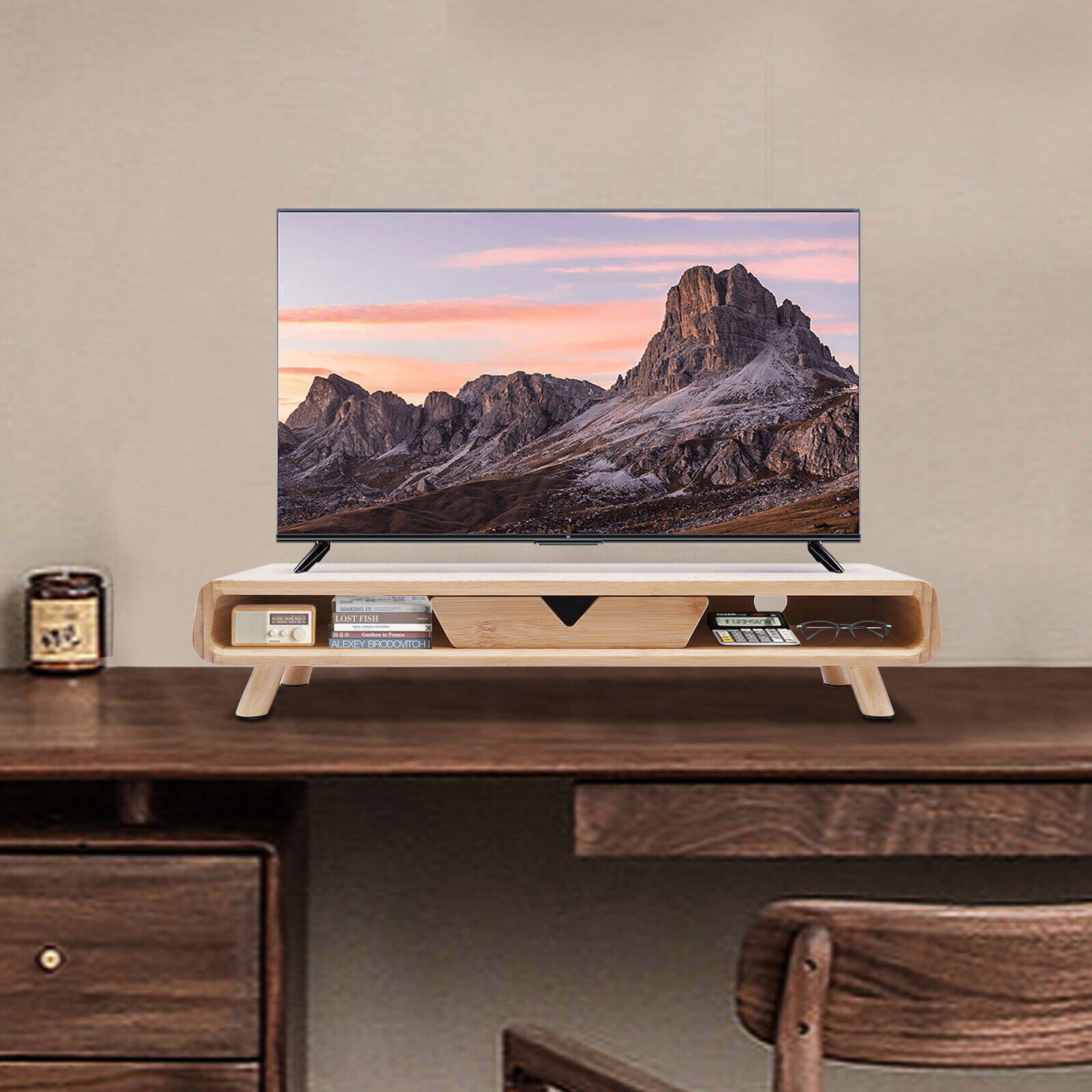 24in Bamboo Monitor Stand W/ Drawer Back Baffle Desktop Stand Riser 4.5in Height