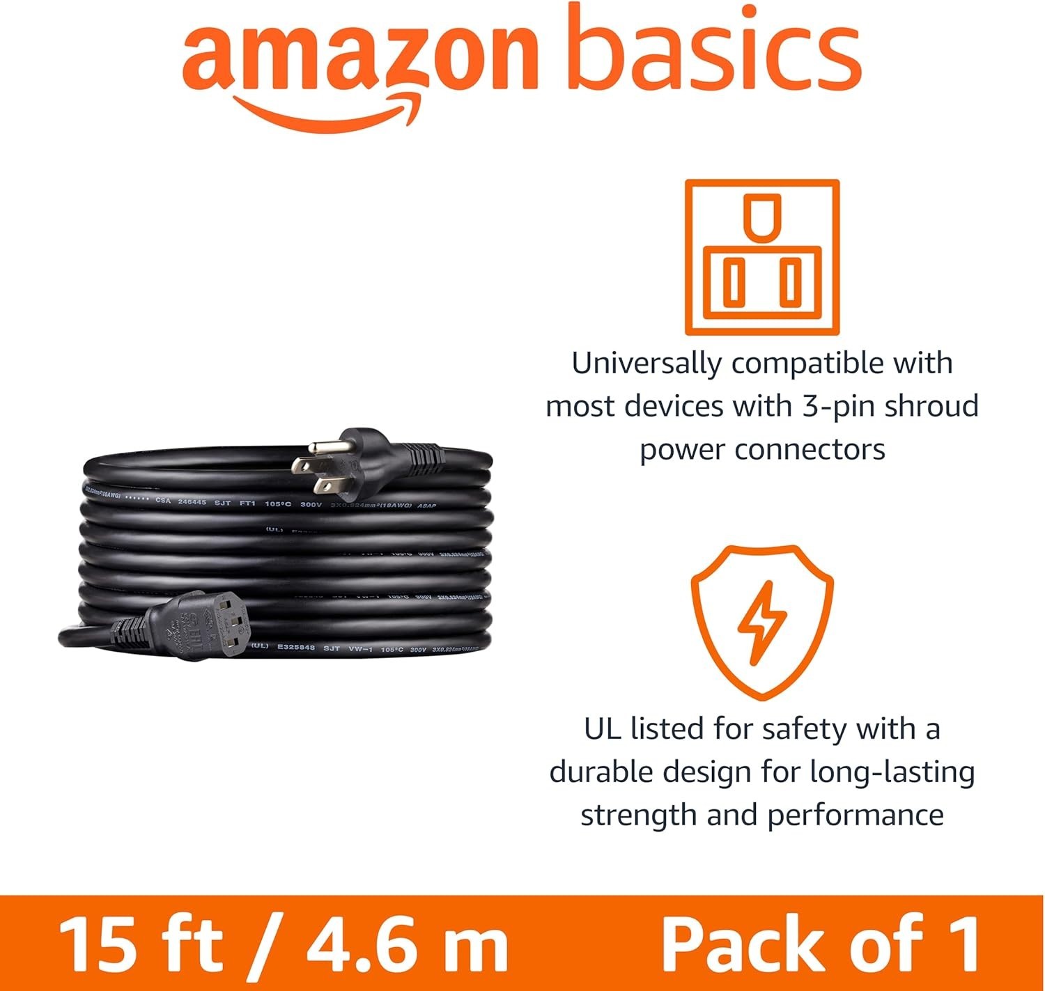 Amazon Basics Universal 15ft, AC Power Cord for Monitor, Computer, TV, Printers