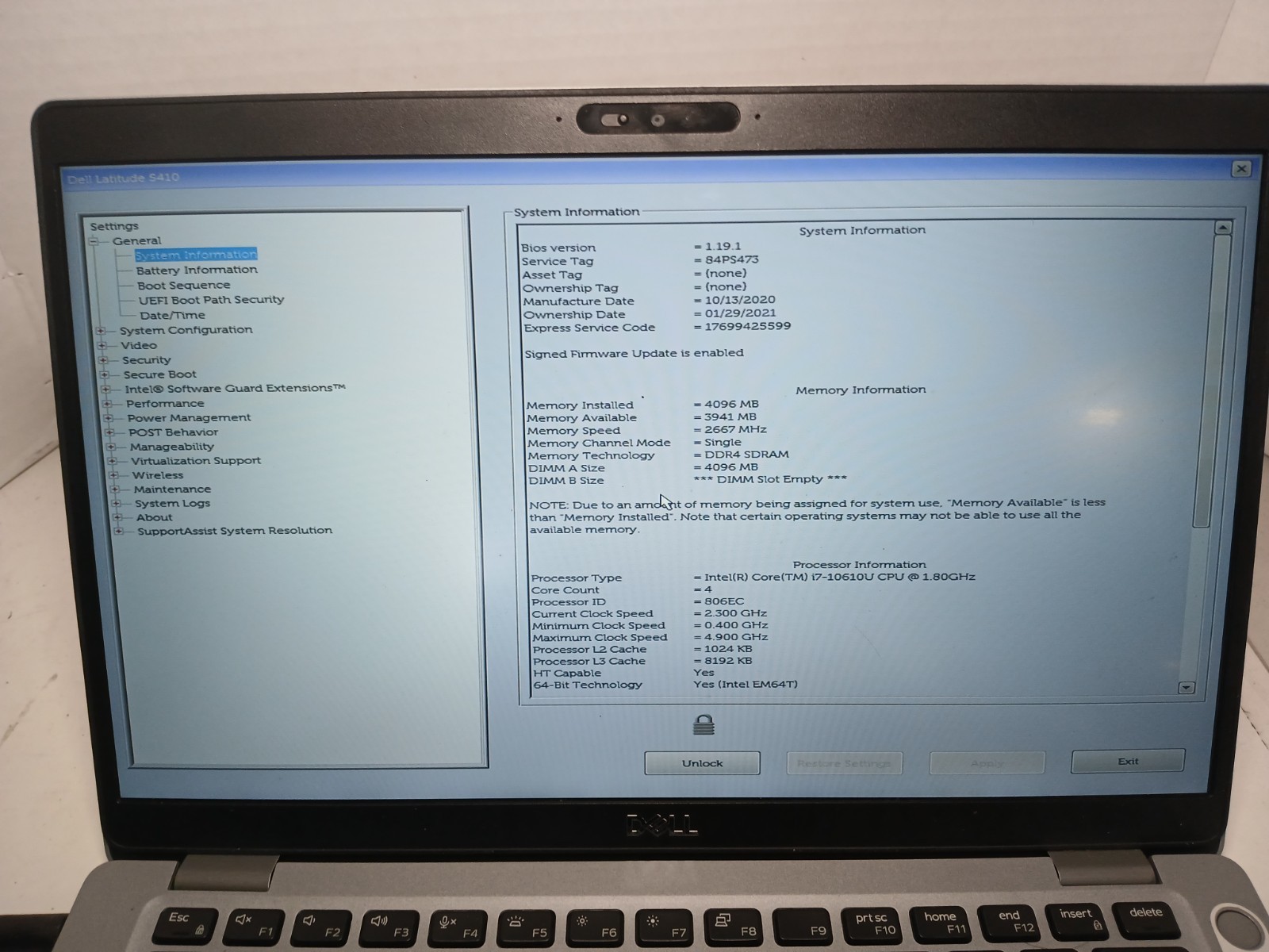 Dell Latitude 5410 14″ Laptop i7-10610U 4GB No SSD/OS! BIOS PW!! #97