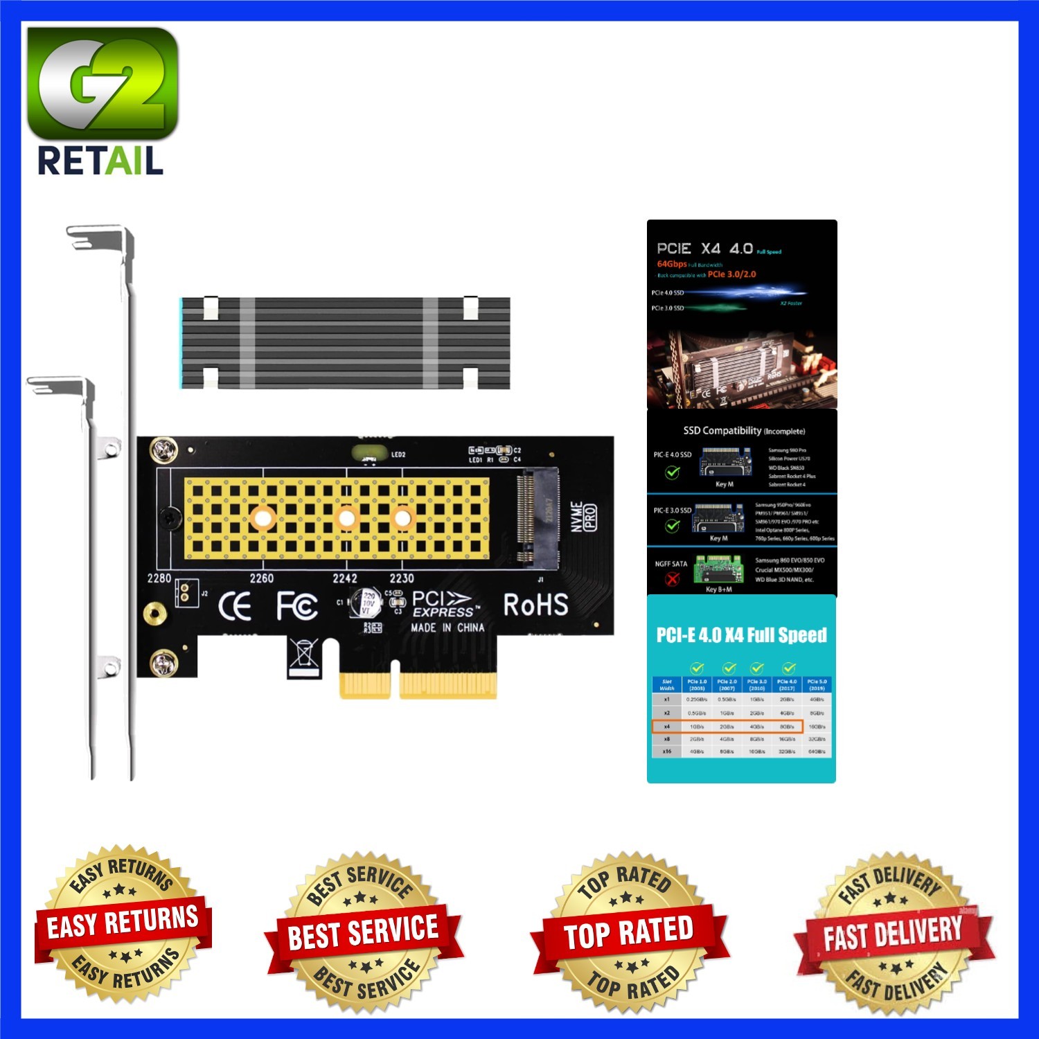Versatile M.2 NVMe PCIe 4.0 X4 Adapter with Integrated Heatsink – Universal Use