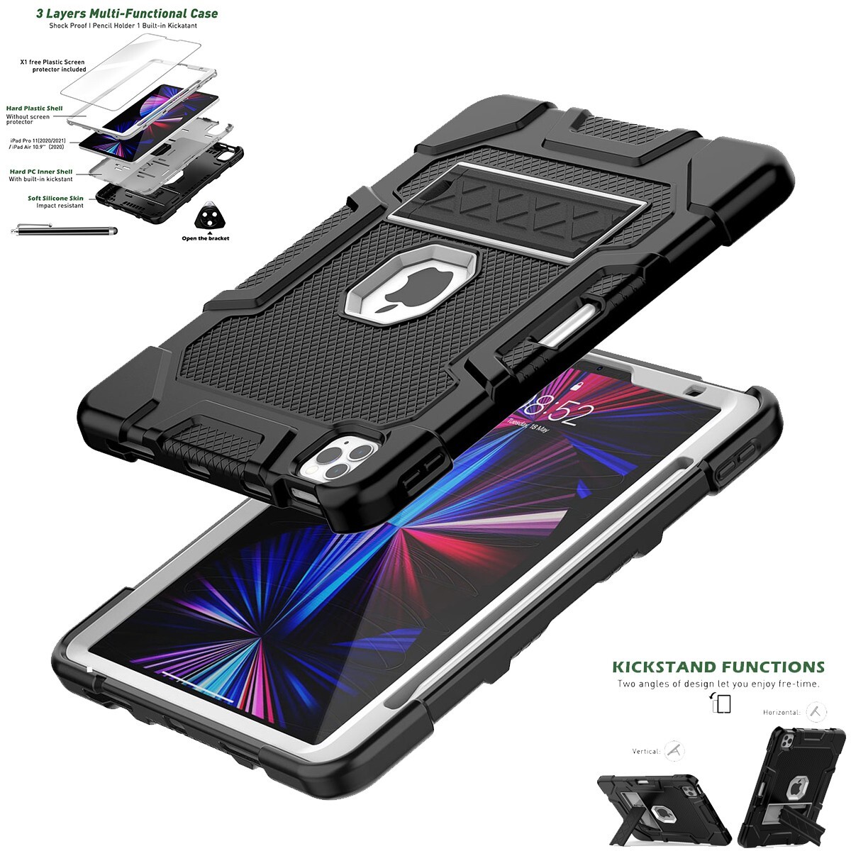 For iPad Pro 11 in 4th/3rd/2nd Gen Rugged Case Shockproof Heavy Duty Stand Cover