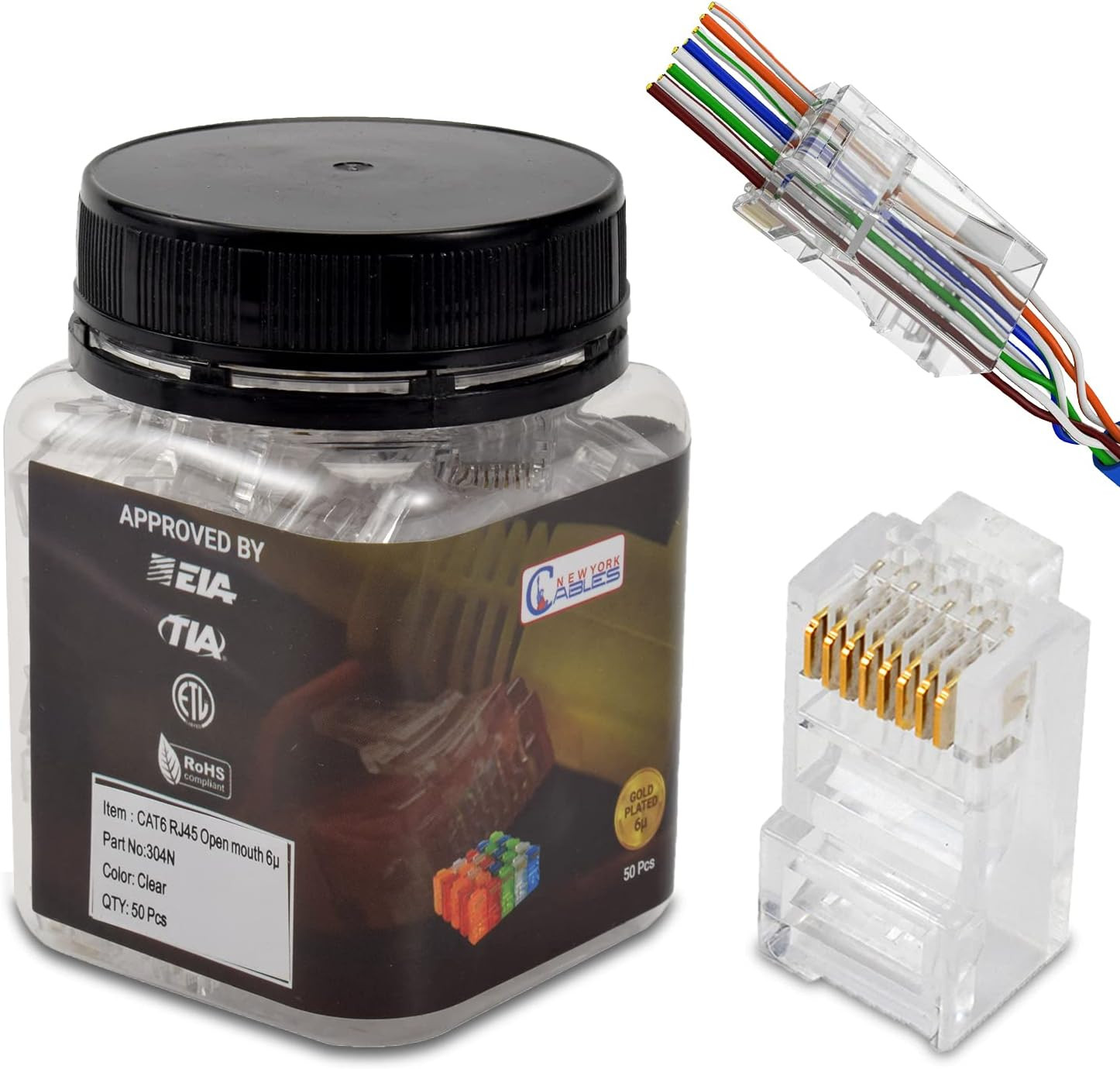 50 Cat 6 RJ45 Connectors for Ethernet – Solid/Stranded, Transparent Plugs