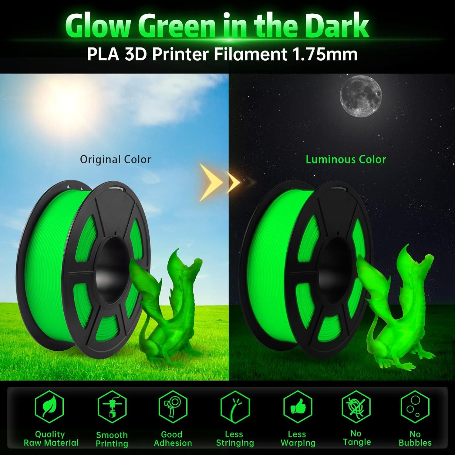 SUNLU PLA Glow in The Dark Filament 1KG,3D Printer Filament PLA 1.75mm +/-0.02mm