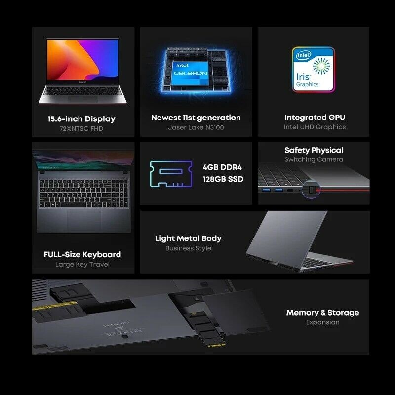 CHUWI Gemibook X 15.6 Inch Windows Laptop Intel Celeron N5100 4GB RAM 128GB SSD