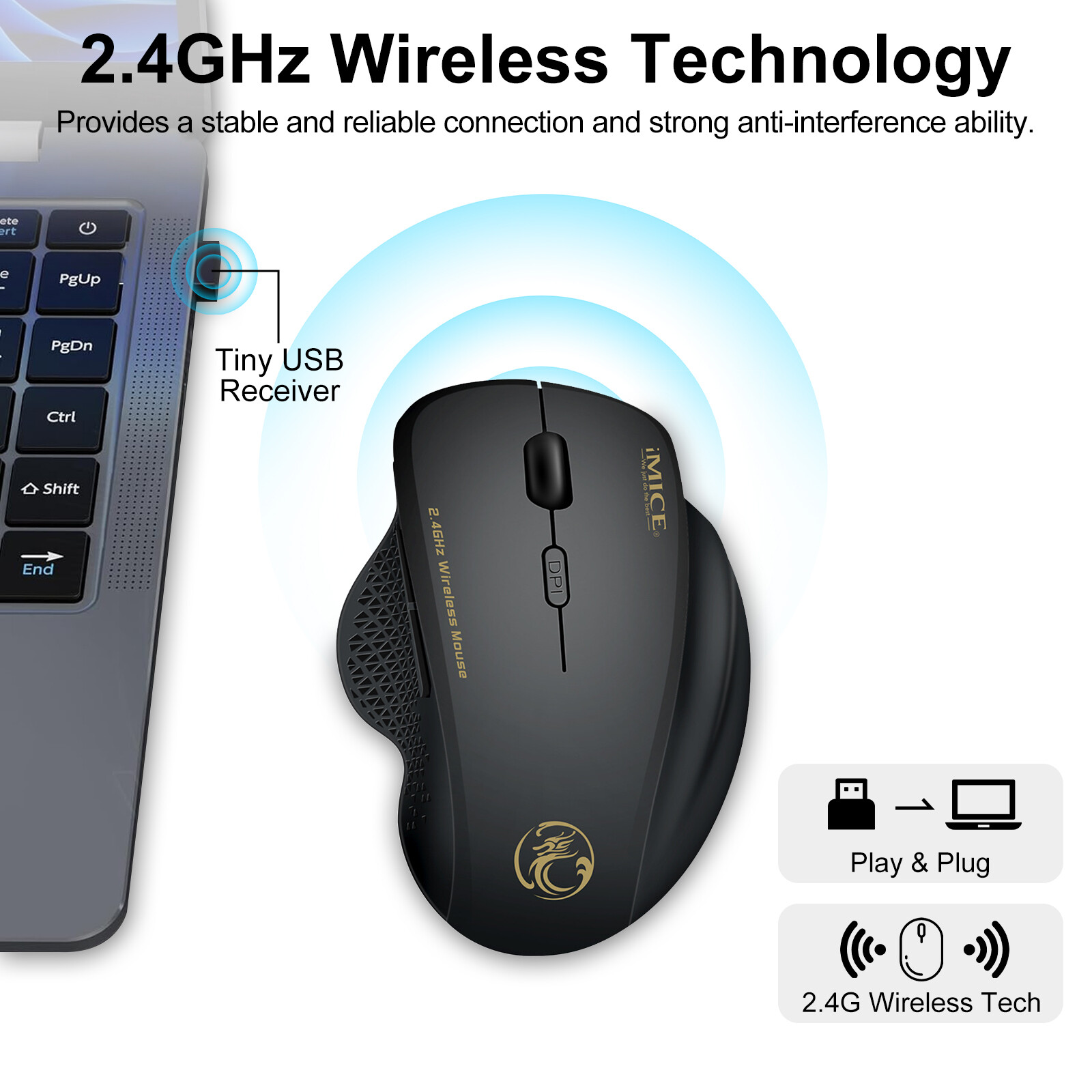 2.4GHz Wireless Optical Mice PC Gaming Mouse 6 Buttons & USB Receiver for Laptop