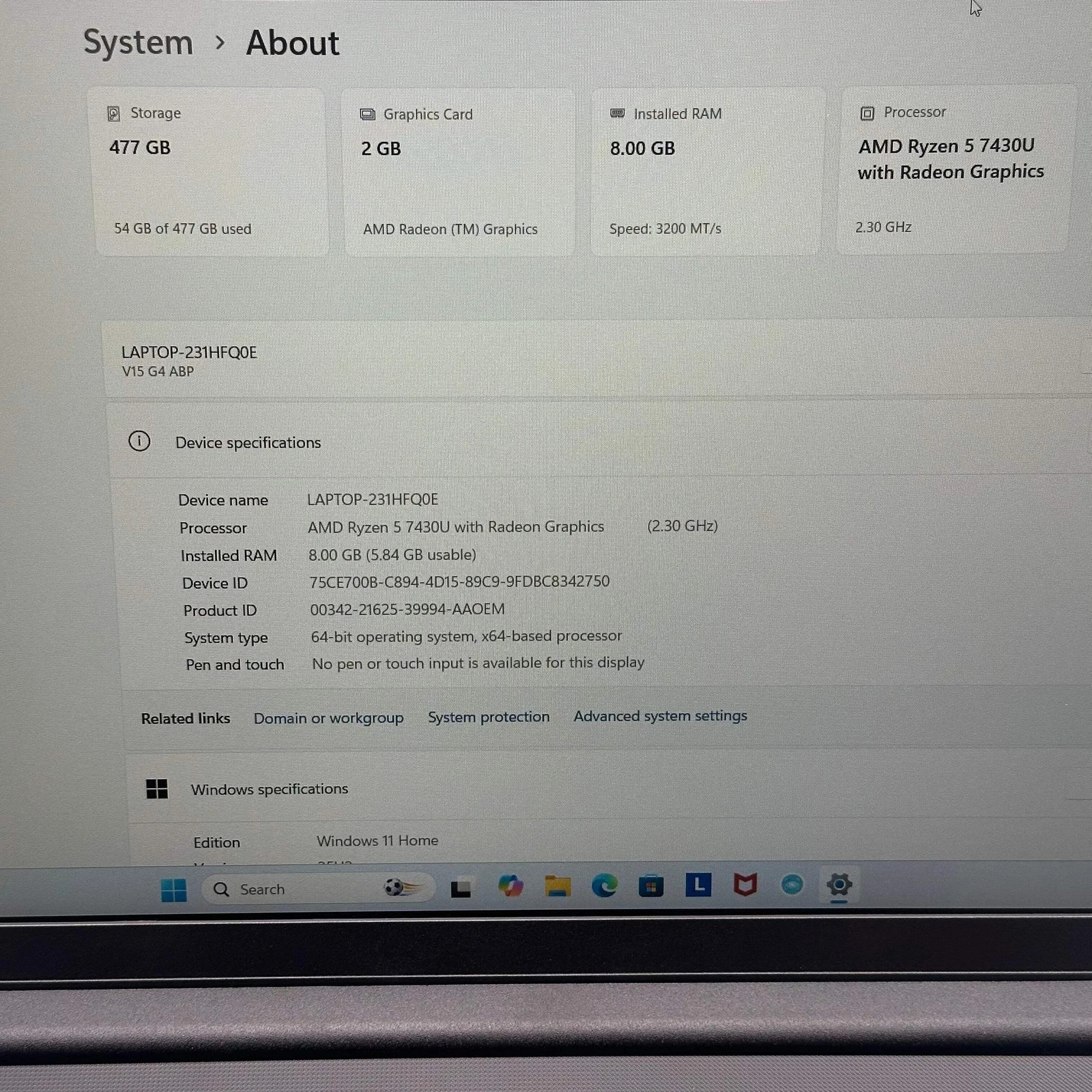 Lenovo V15 G4 ABP 15.6″ Laptop Ryzen 5 7430U 8GB RAM 512GB SSD Windows 11 Home