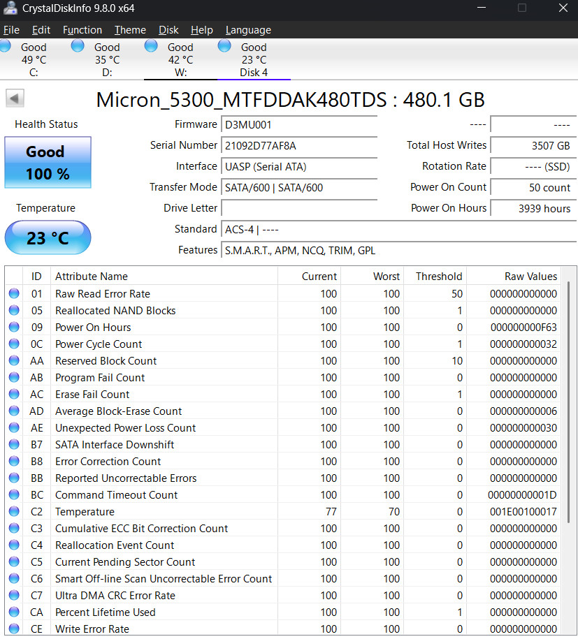 Micron 5300 Pro MTFDDAK1T9TDS 480GB 100% health, lightly used