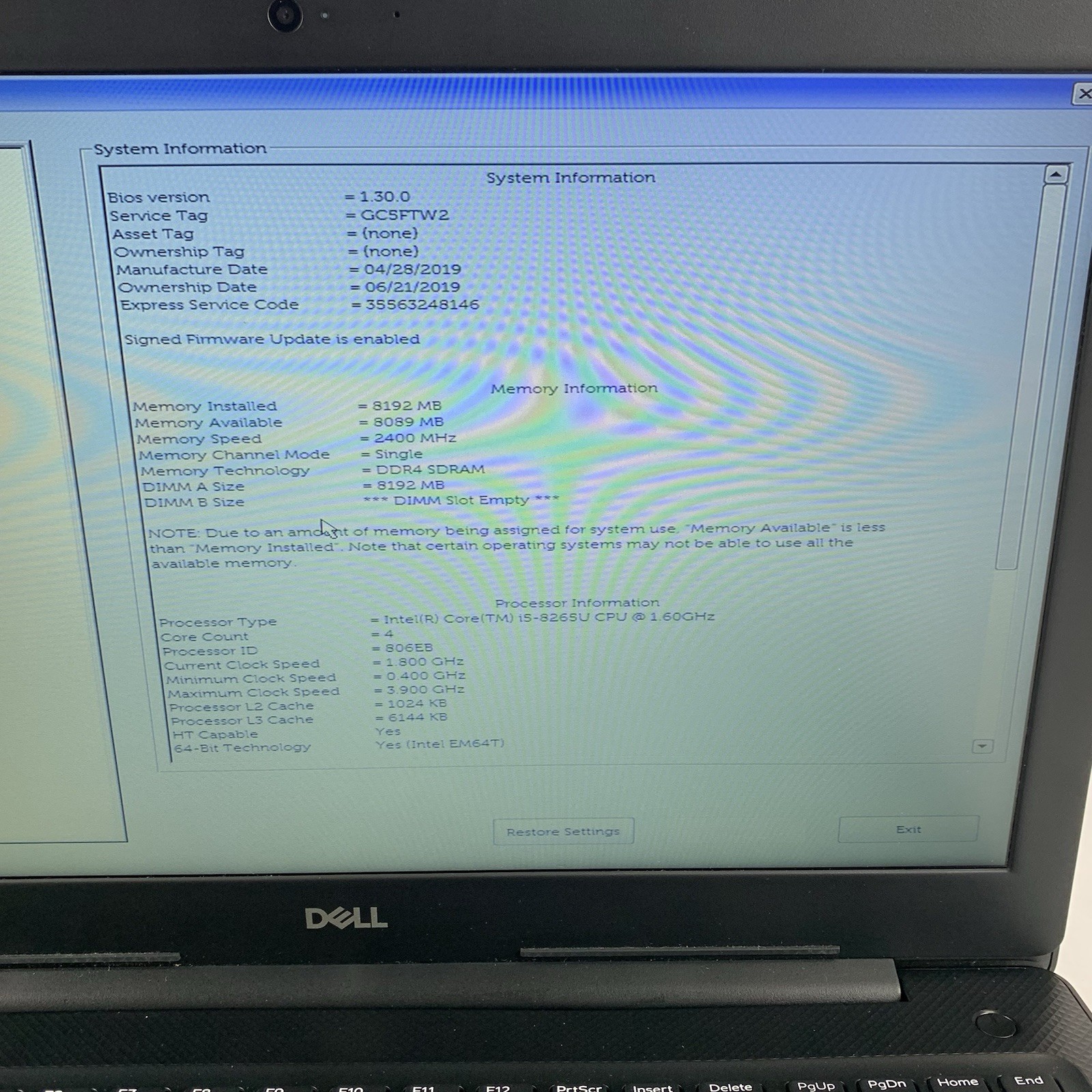 Dell Vostro 3583 15.6″ Laptop I5-8265U 1.60 GHz 8 GB RAM No OS/HDD/AC
