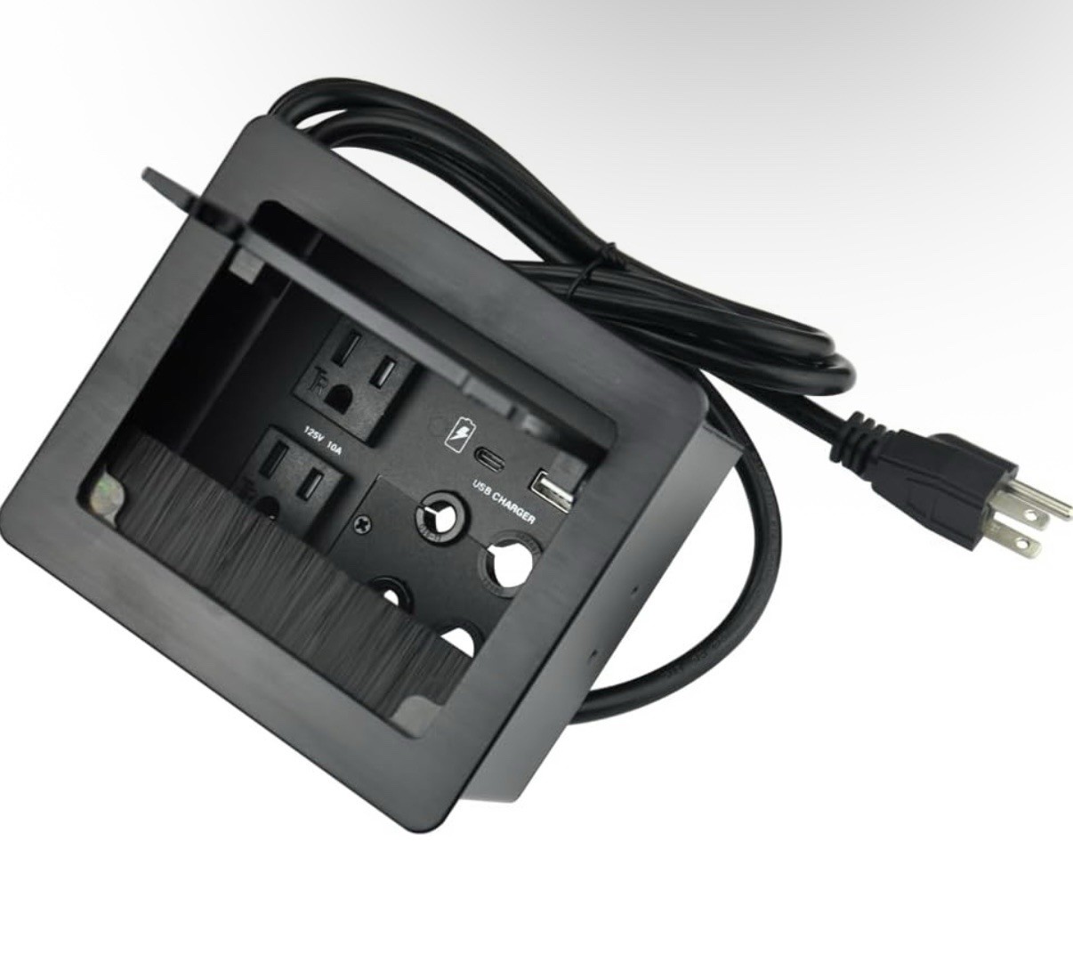 Tabletop Brush Cable Cubby Connectivity Box w2 AC Power 1USB-A Charger 1 USB-C